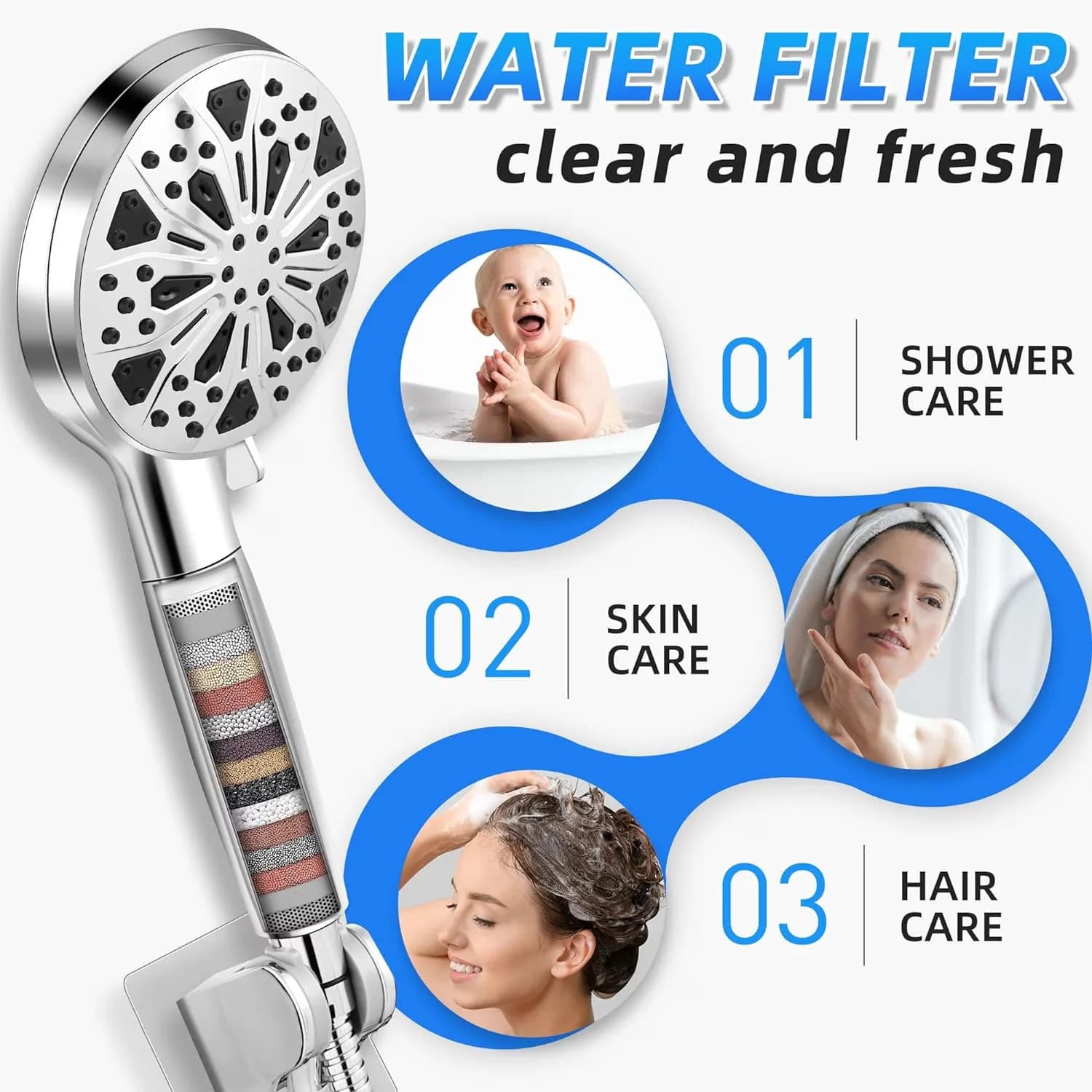 Shower Head Versatile with Self-Cleaning Nozzles, High Pressure - Stainless Steel Silver Model 9B55C0