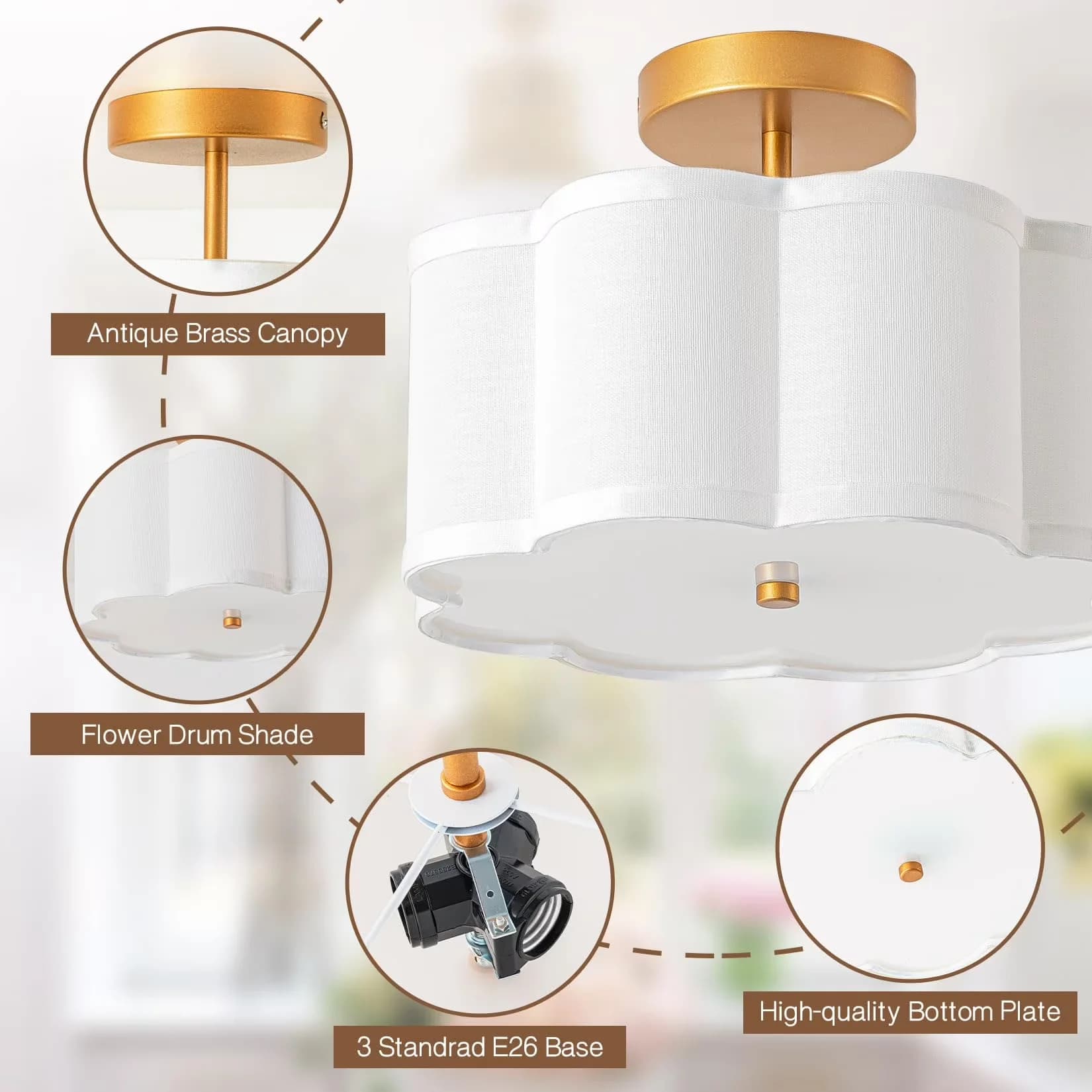 Reliable Ceiling Lights Fixture with Incandescent, Modern, Dimmable - Fabric And Metal Gold for Bedroom Model 9CDFEE