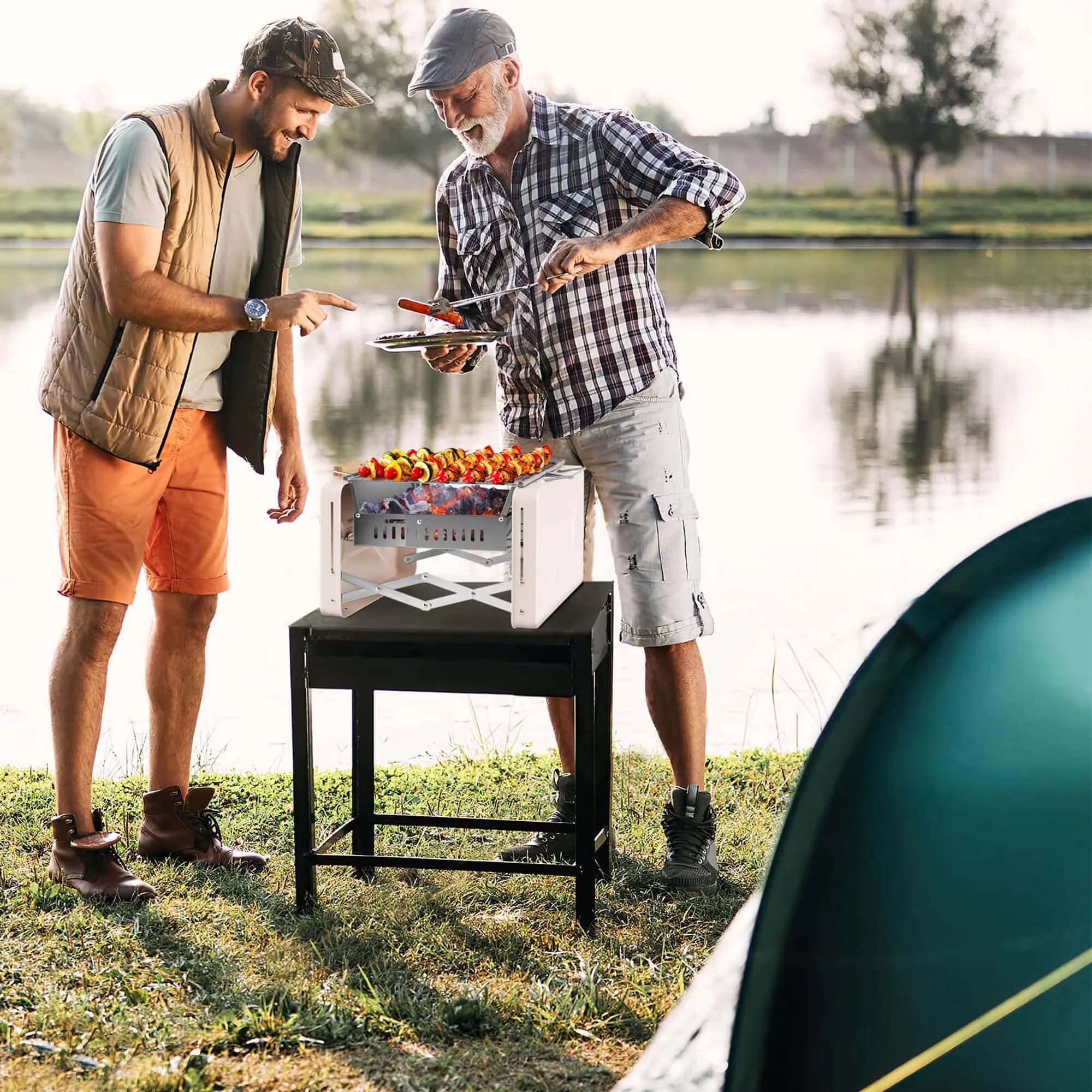 Charcoal Grill Sleek with Portable, 2 Stainless Steel Nets Box - Stainless Steel, Rubber Wood, Carbon Steel Beige Model 9ABFC0