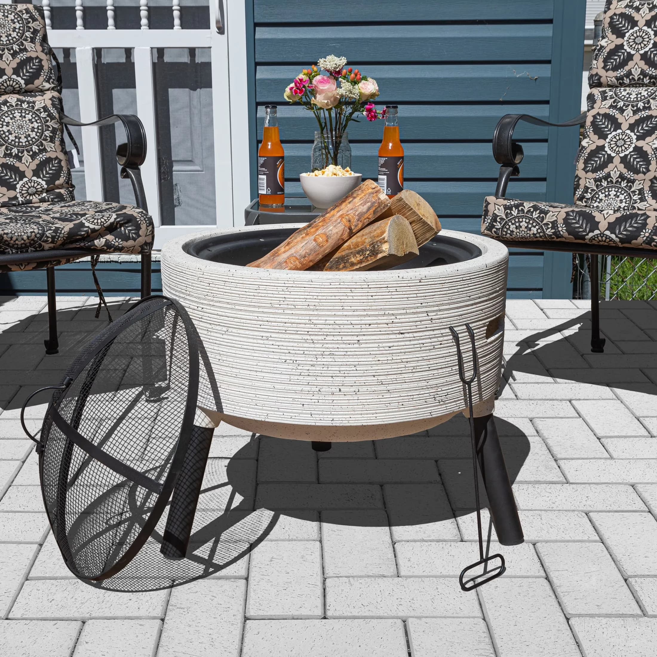 Efficient Outdoor Heating with Weatherproof, 21” Round Fire Pit, COLOR - Light Gray. - Magnesium Oxide Fire Pit +Mesh Screen Cover+... Model 310653