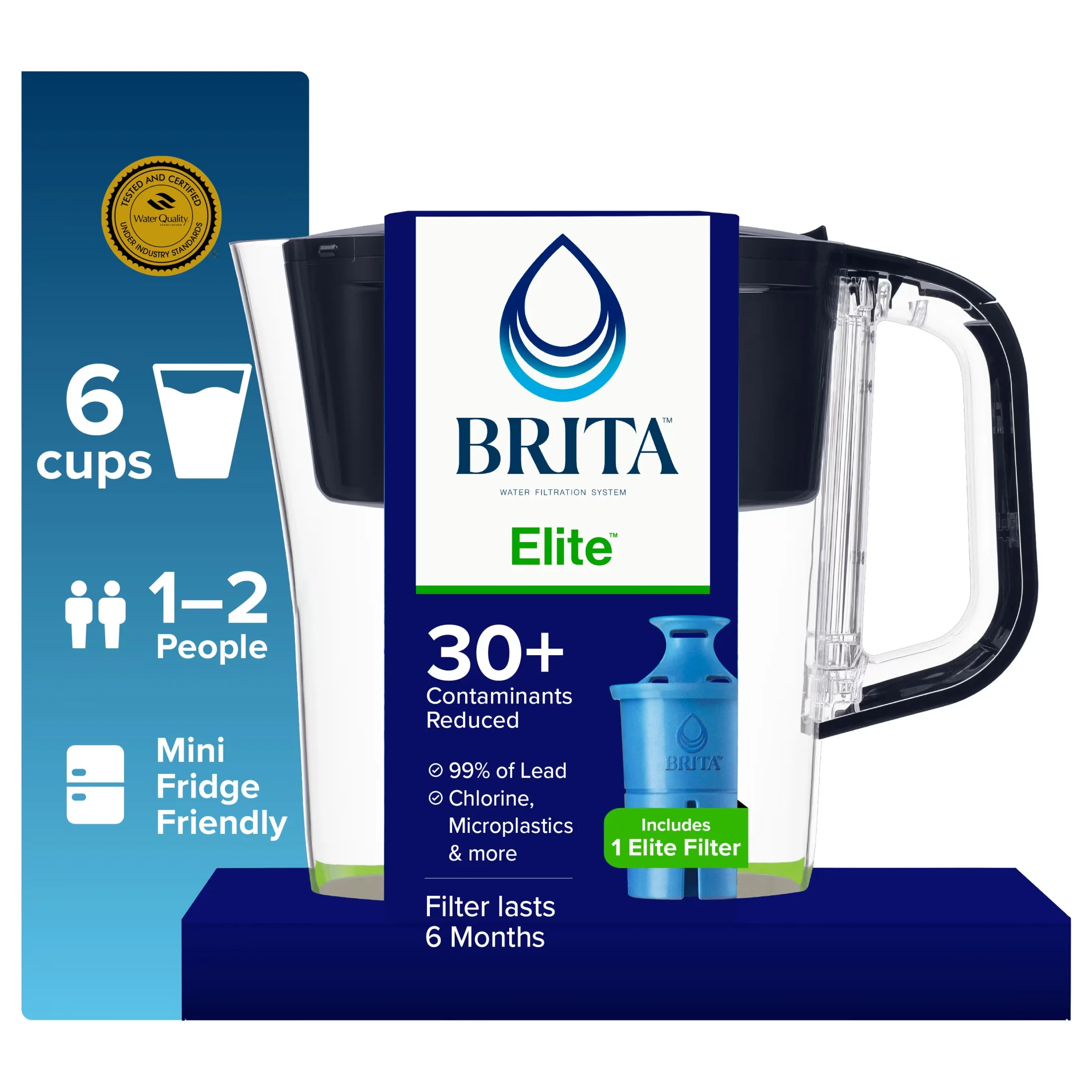 Water Filtration Reliable with Automatic Shut Off, Reduces Lead, Elite 6-Cup - Plastic Black Model 2199F3