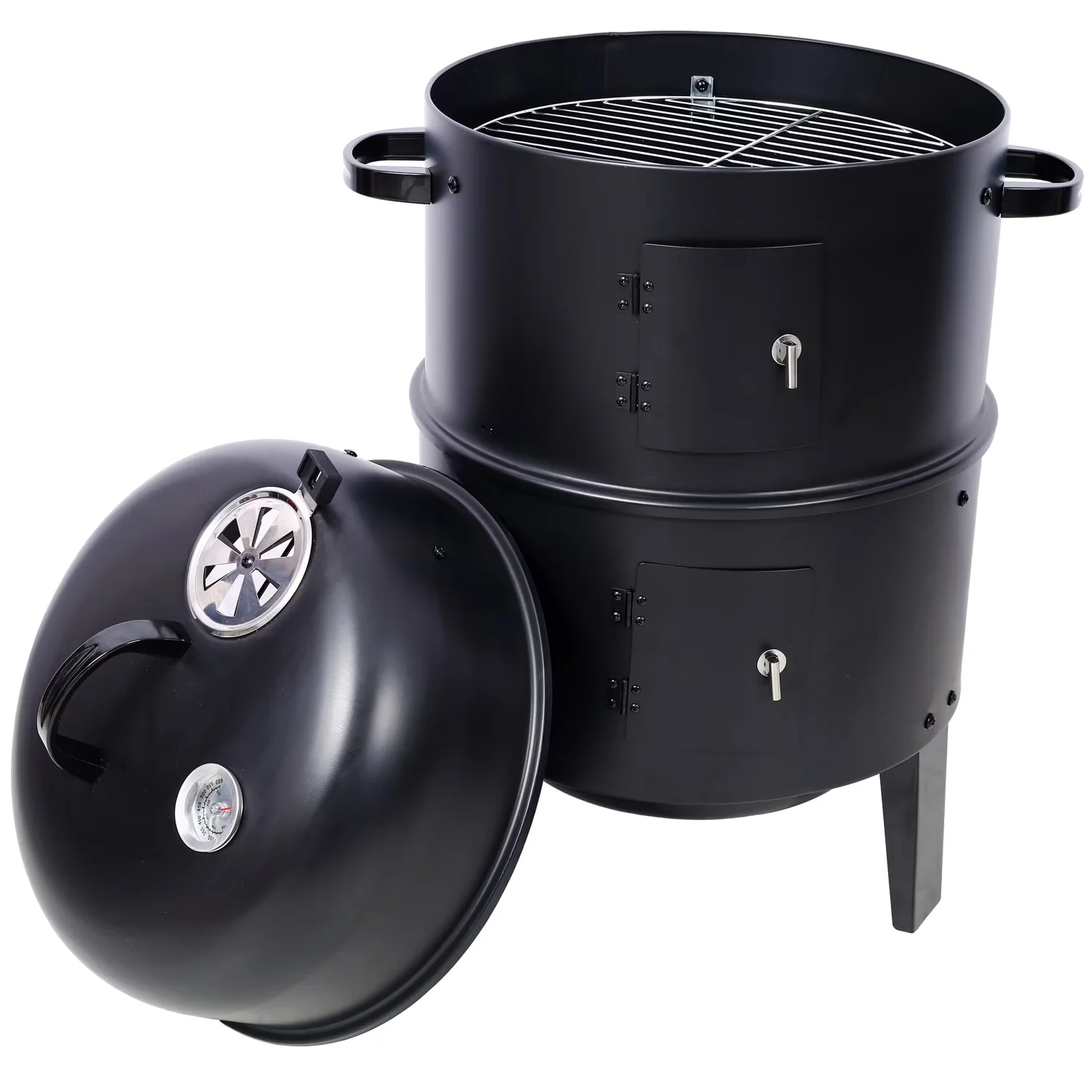 Stylish Smoker with Adjustable Air Vents, 16" Vertical Charcoal Grill, Portable Steel BBQ - Steel Black for Camping, Outdoor Model 731DAF