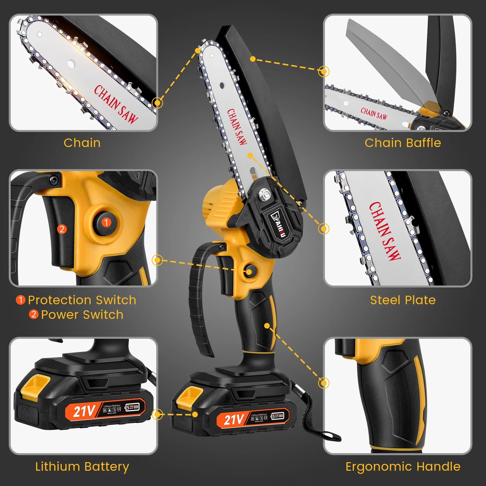 Chainsaw Stylish with Battery, 21V, 6 inch Mini - Yellow - Contemporary Style Model 112E00