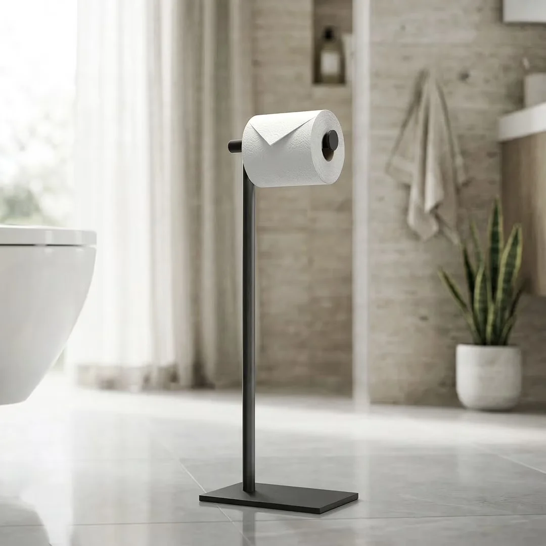 Versatile Bathroom Renovation with Modern, Square Freestanding Toilet Paper Holder - Black Metal Model DD91E7