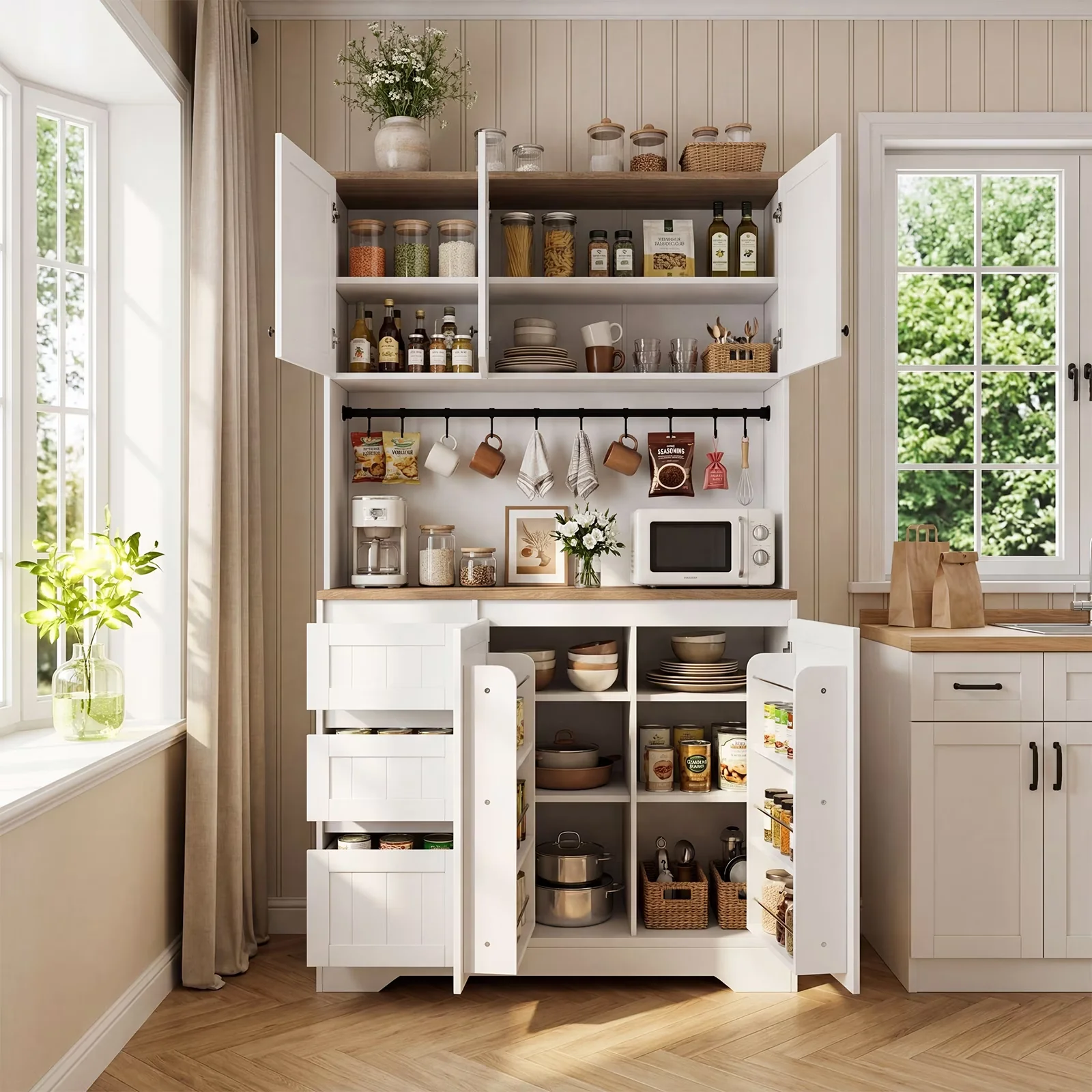 Versatile Kitchen Renovation with Modern, Adjustable Shelves, Charging Station - Wood White Model D6BF7D