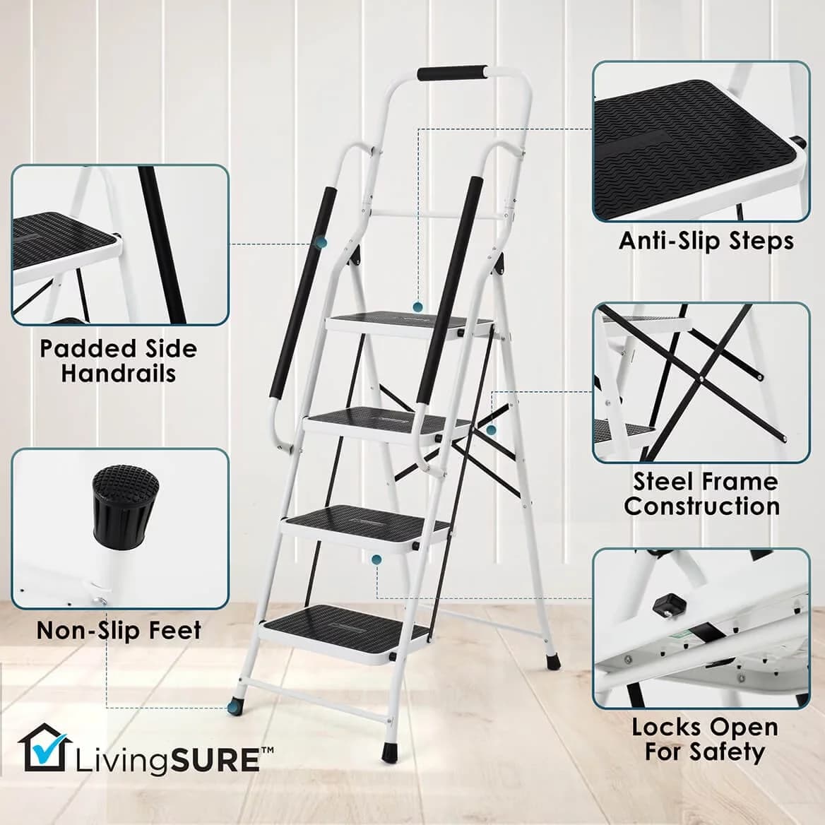 Stylish Ladders And Step Stool with Assembly Required, Anti-Slip Treads, Padded Handrails–Heavy-Duty Steel Frame - White Iron for... Model AA4CAD