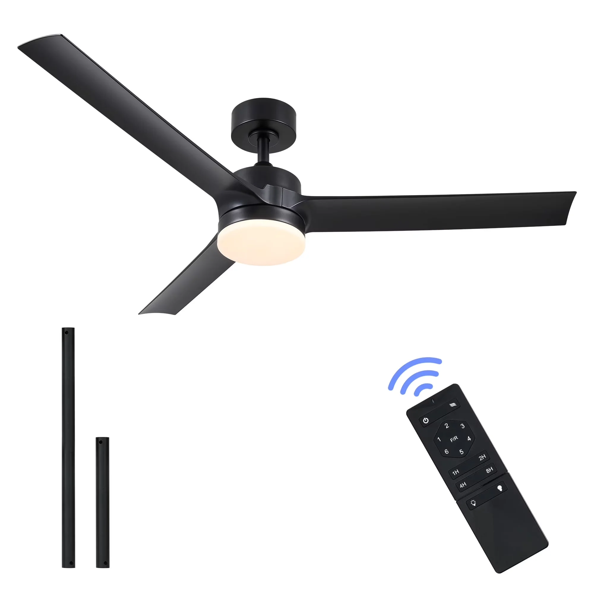 Quality Ceiling Fan with LED, Mid-Century, Dimmable - Acrylic Black 52in Model 97C70B
