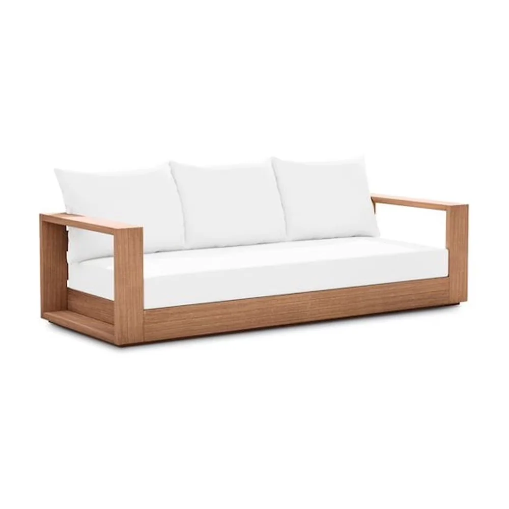 Classic Outdoor Sofas Sectional with Water-Resistant, Solid Teak Wood Frame - White Fabric Model 12C890