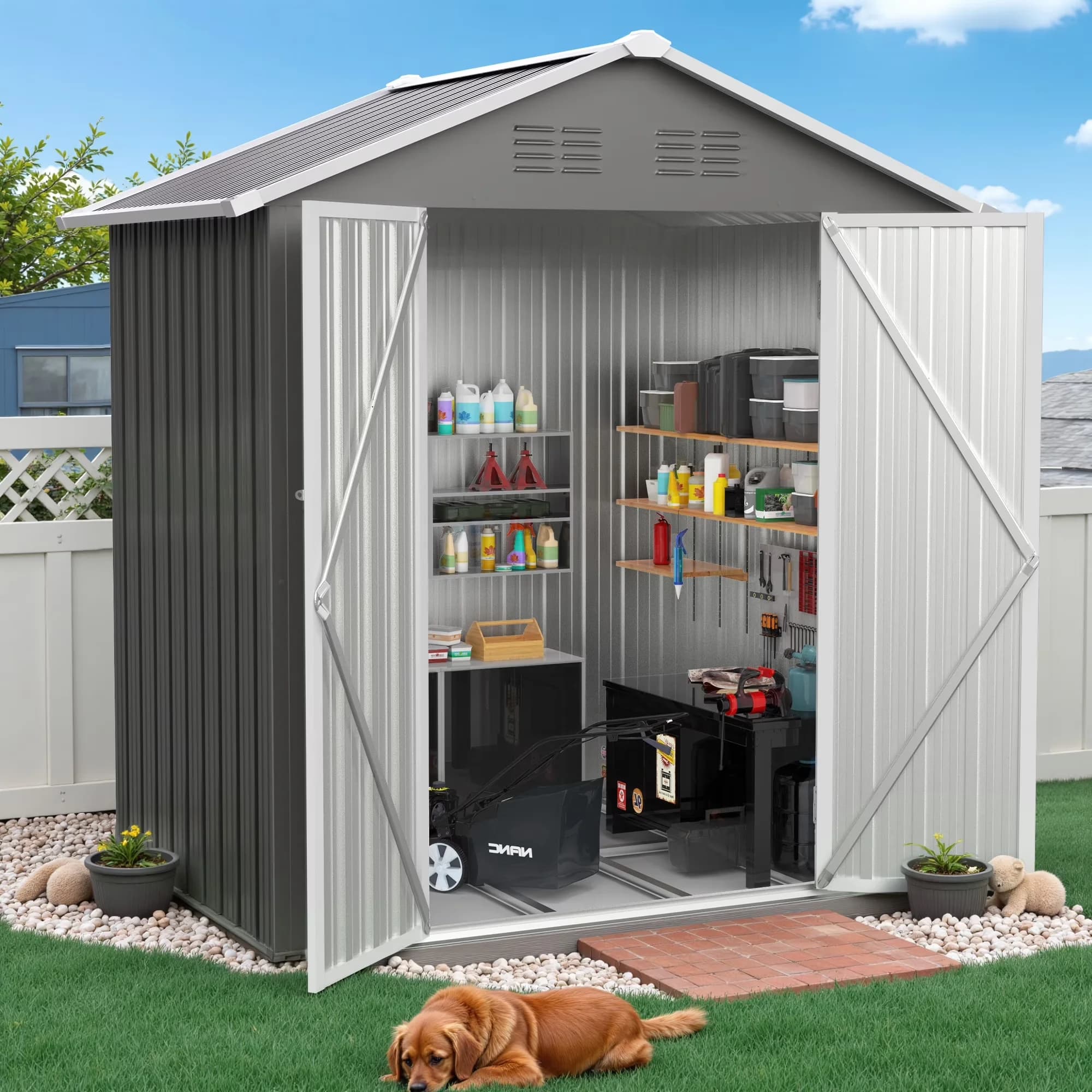 Stylish Shed with Waterproof, Uv Resistant, Galvanized Steel Garden - Aluminum, Steel Gray Model A7ECEE