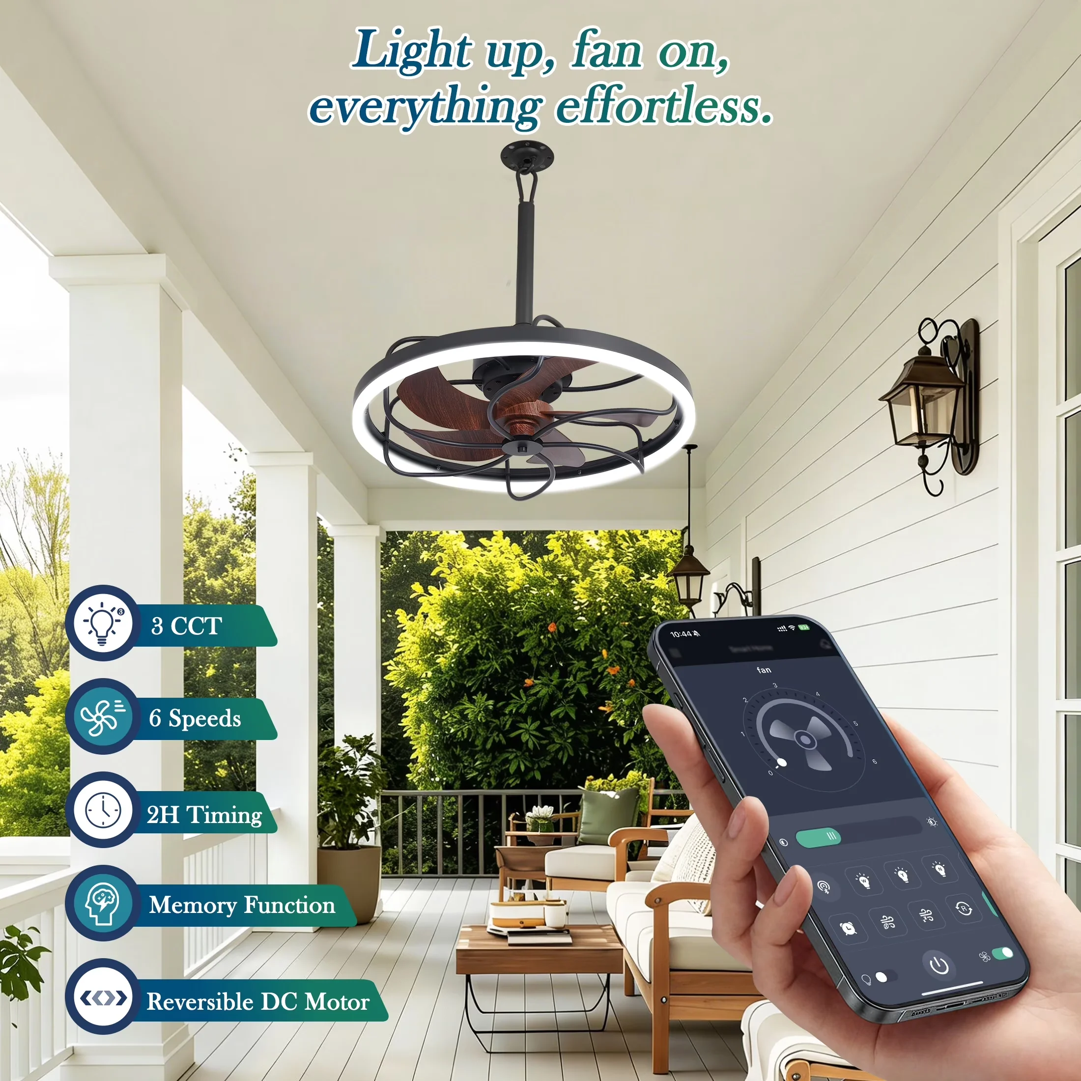Ceiling Fan Classic with LED, Dimmable, Reverse Airflow - Brown for Patio Model ECB523