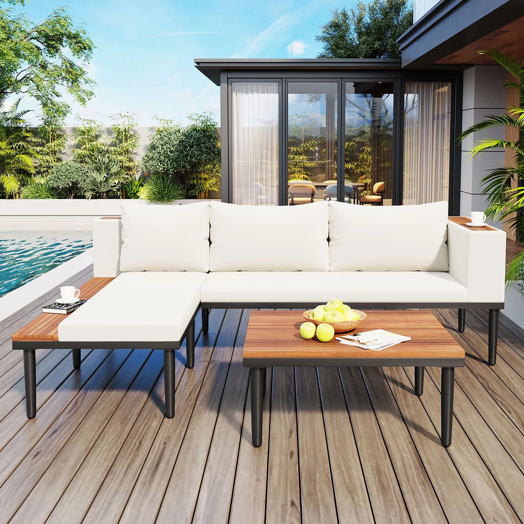 Durable Outdoor Sofas Sectional with Modern, Waterproof, Waterproof Cushions - Acacia Wood,Iron,Polyester Beige Model 4103F6