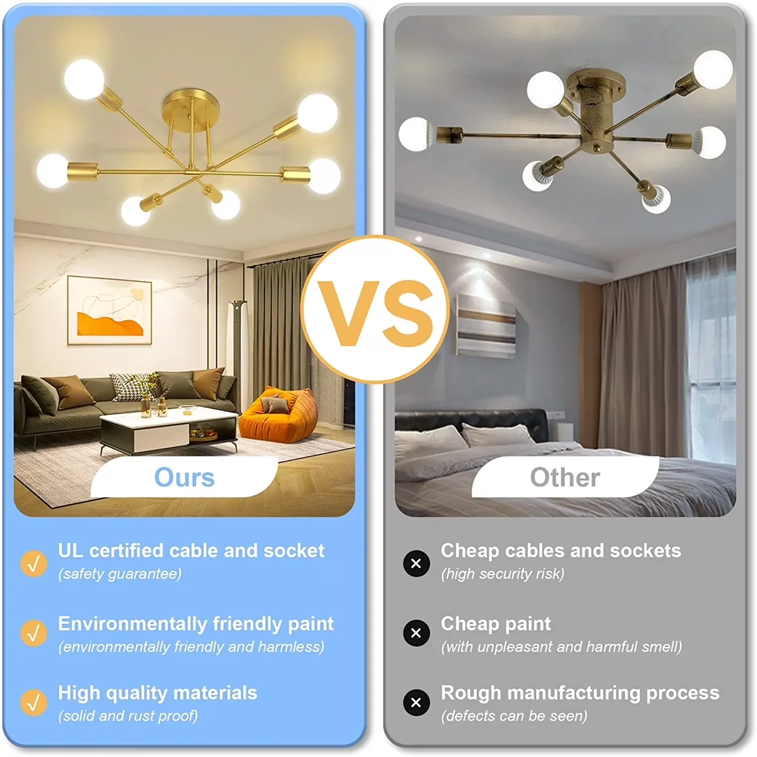 Efficient Ceiling Lights Fixture with LED, Dimmable, Mid Century Style - Gold Metal Model 6B893B