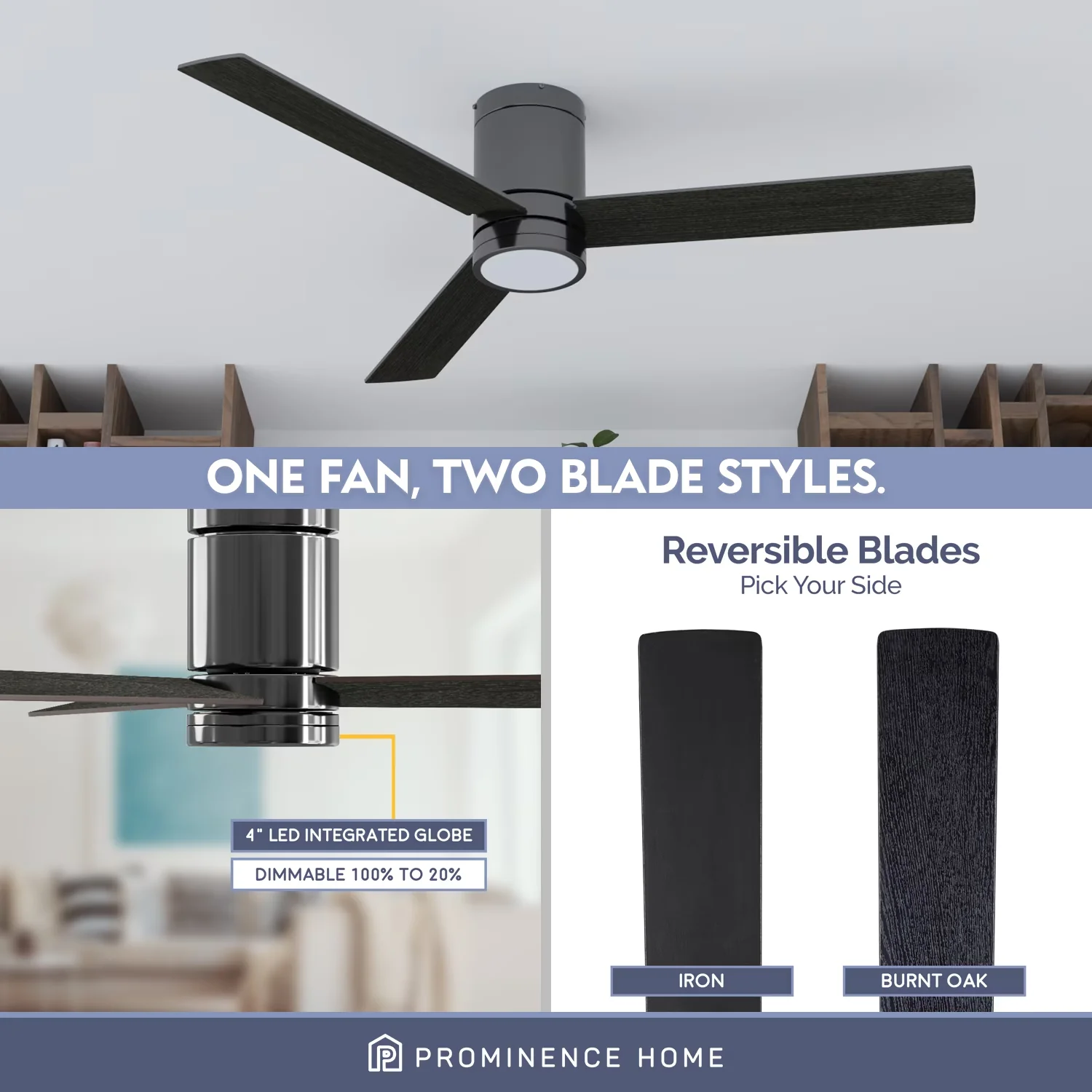 Efficient Ceiling Fan with LED, Contemporary, 52" Espy Gun Metal Remote Control - Glass Gray Model F29C93