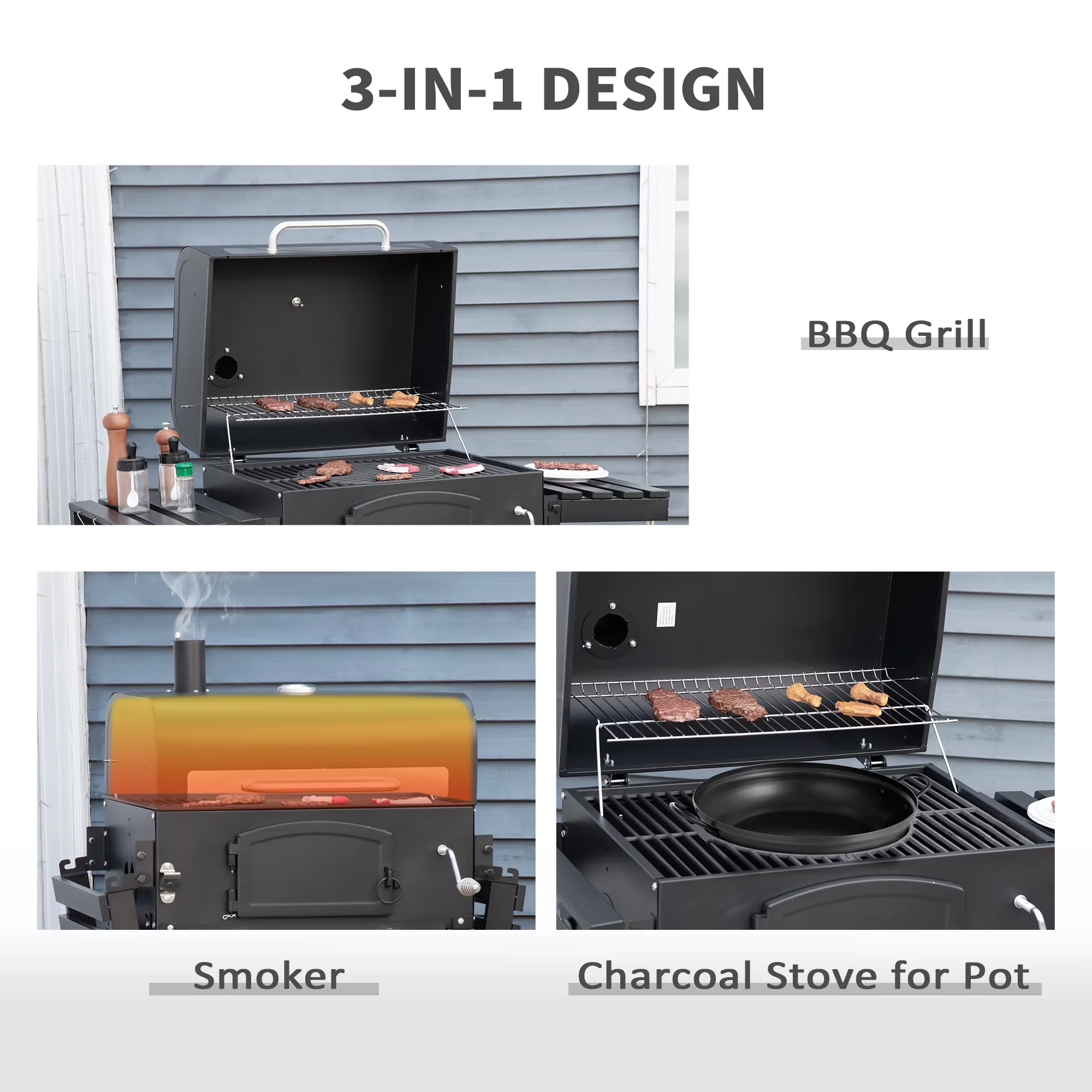 Quality Charcoal Grill with 26", Bottom Shelf and Adjustable Height, Side Table - Black Steel, Enameled Cast Iron Model AB09DA