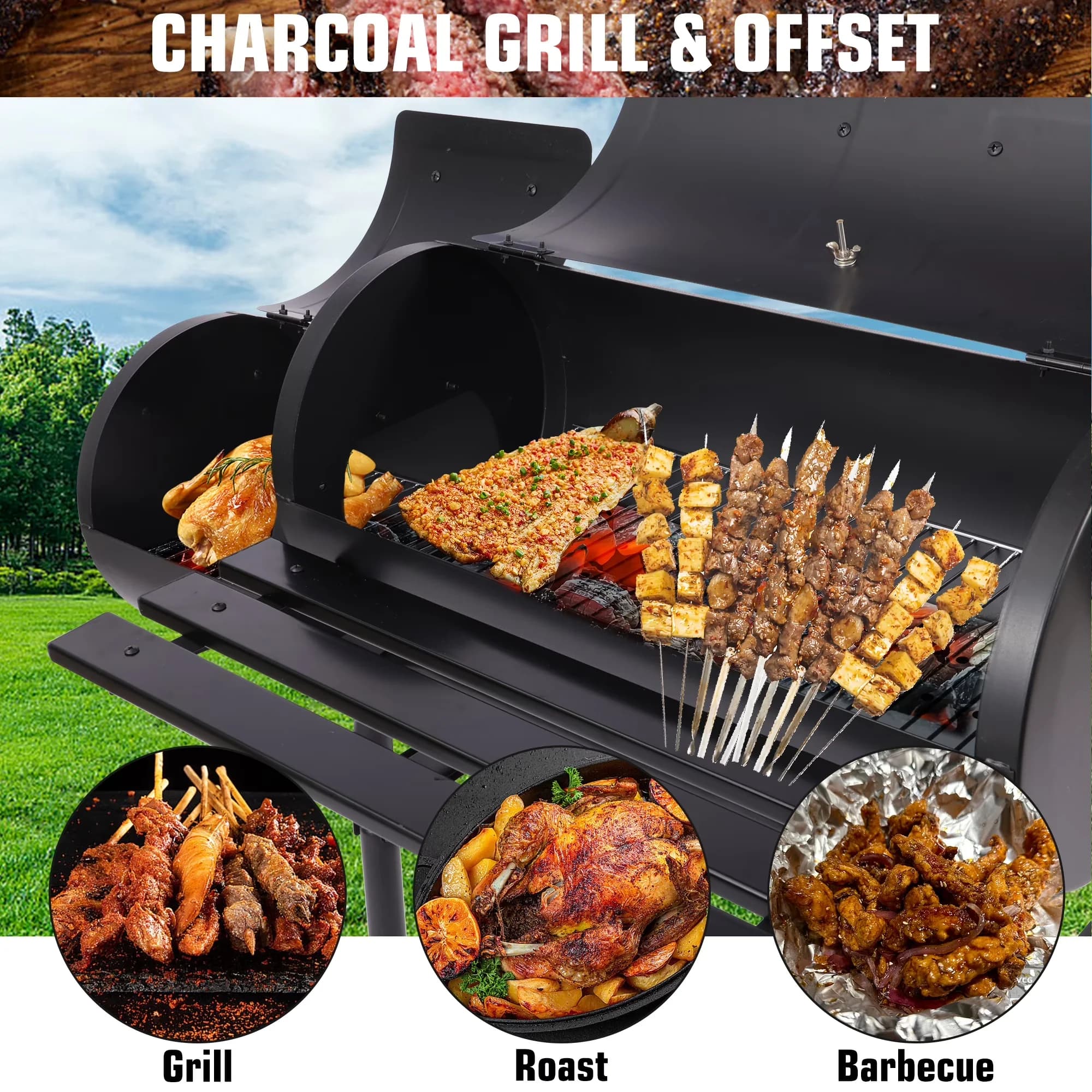 Smoker Premium with Portable, Easy to move, Offset smoker design - Alloy Steel Black Model C76294