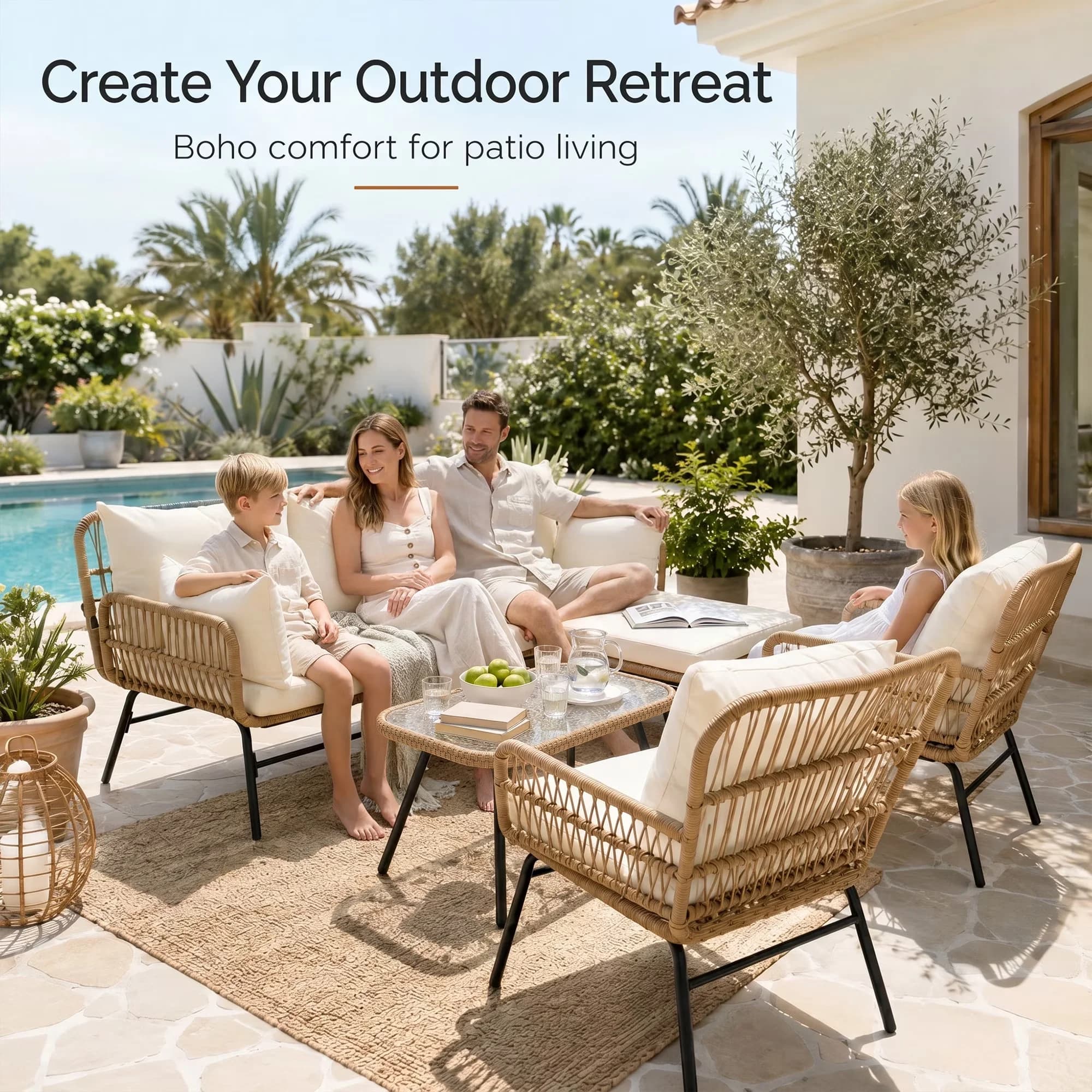 Outdoor Sofas Sectional Premium with patio furniture set boho wicker, Cream Cushions, 4-Piece boho furniture set - Off-White Wicker Model 7971B5