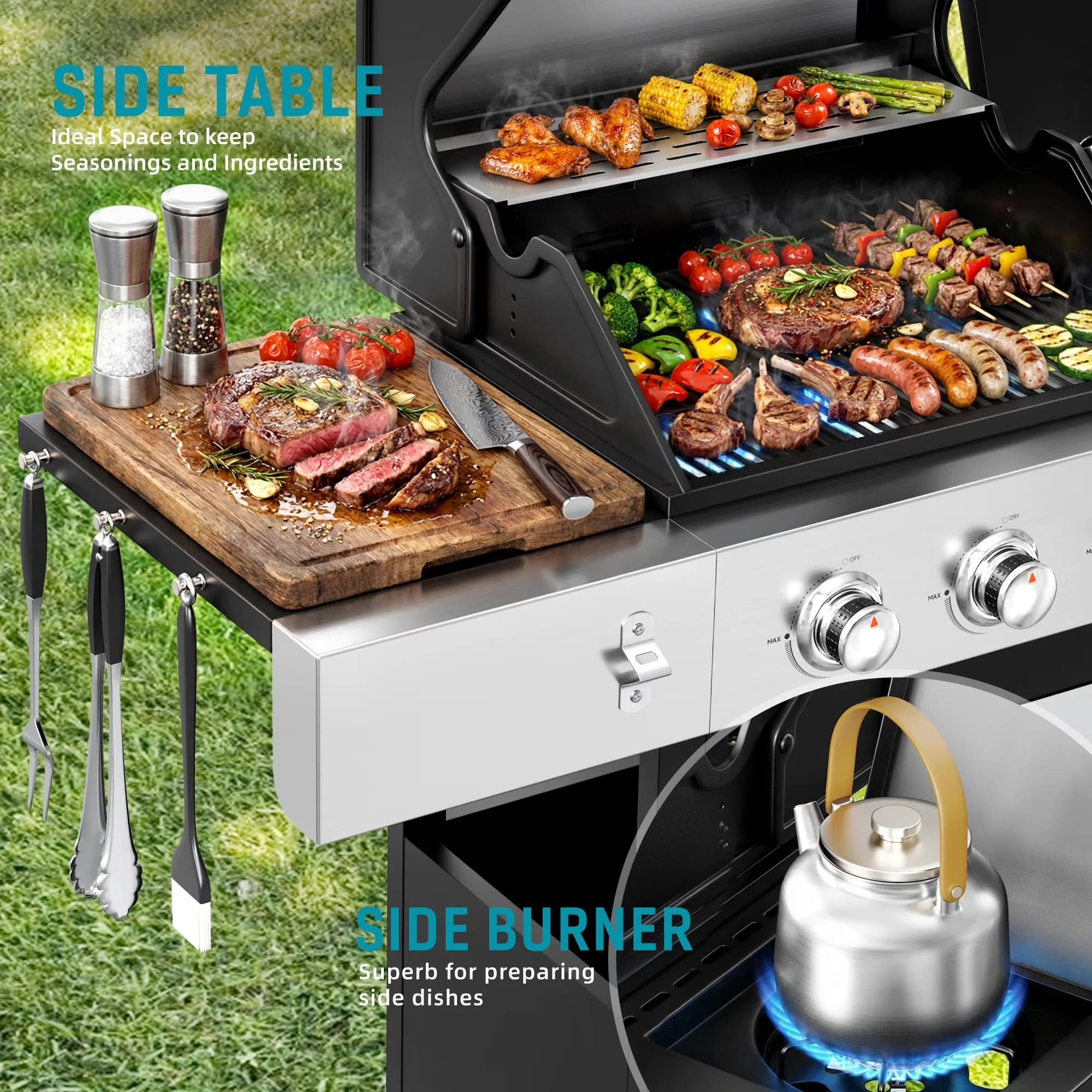 Premium Gas Grill with 50800 BTU, Storage Rack, Grease Pan - Stainless Steel, Porcelain-Enameled Cast Iron Silver for Outdoor Model 78344B