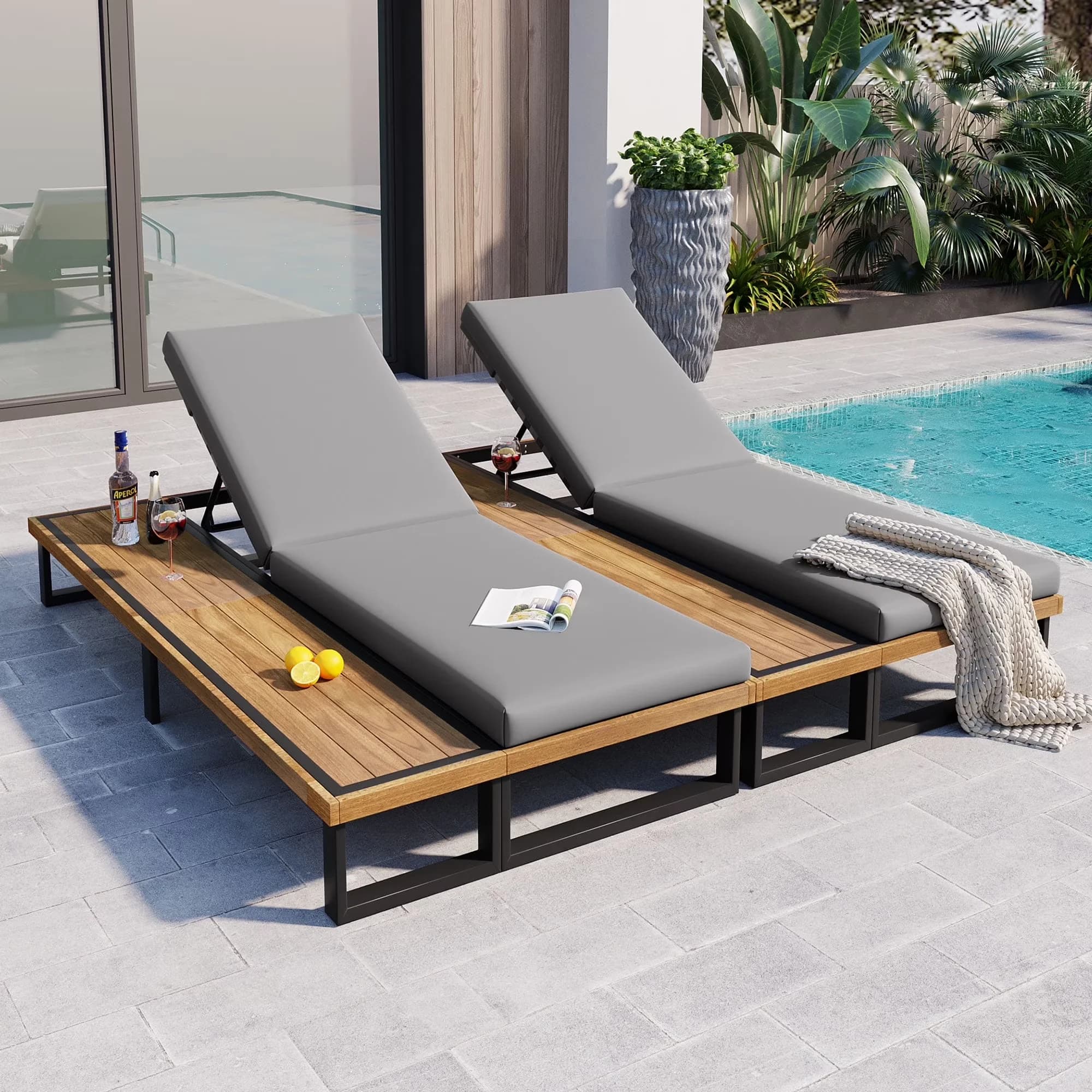 Premium Patio Chair with Adjustable Backrest, 5-Position Adjustable Backrest - Wood Gray for Garden Model 1420A1