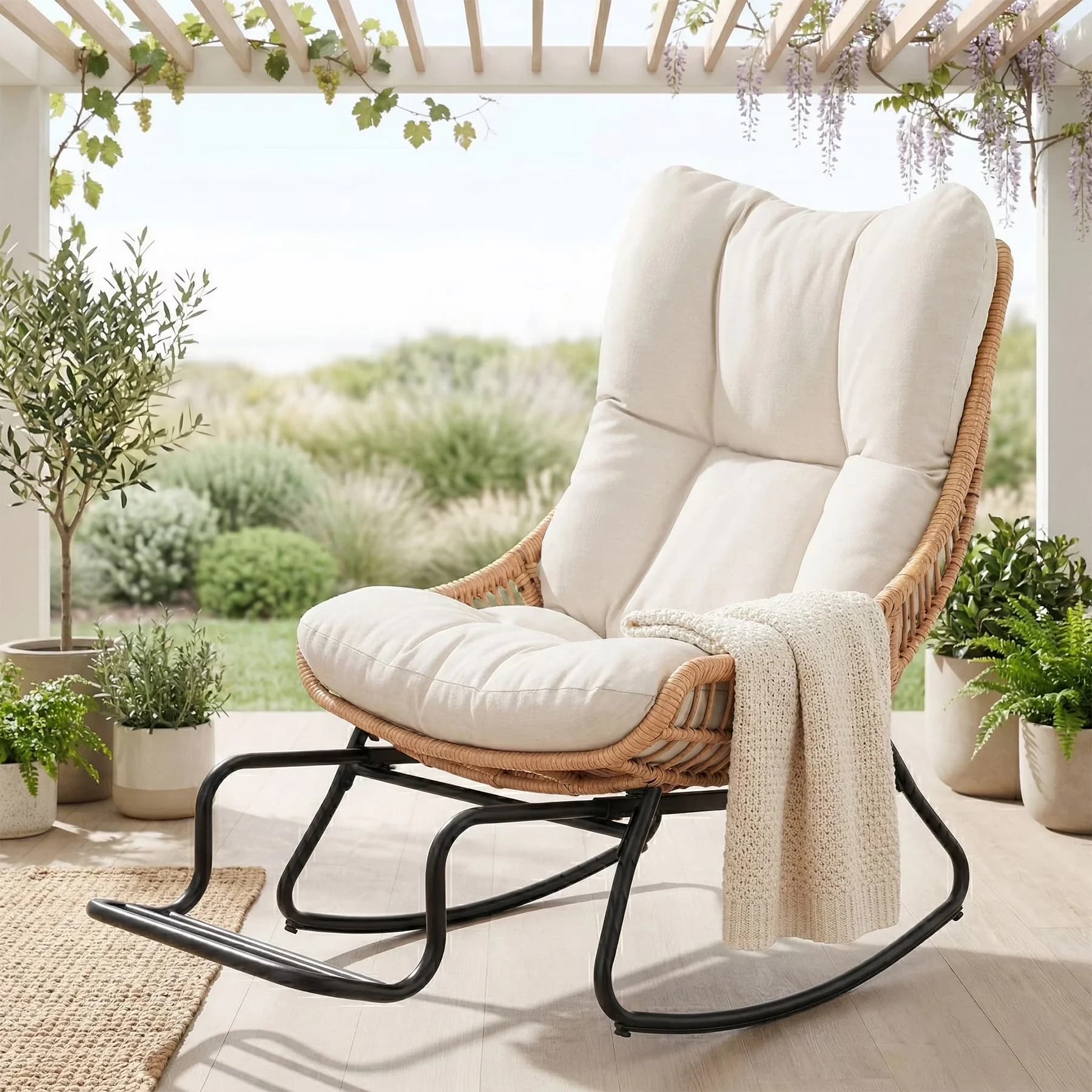Compact Patio Chair with Fade Resistant, Mold Resistant, Reclining - Pe Rattan,Steel,Sponge,Polyester Beige for Living Room, Garden Model E066F7