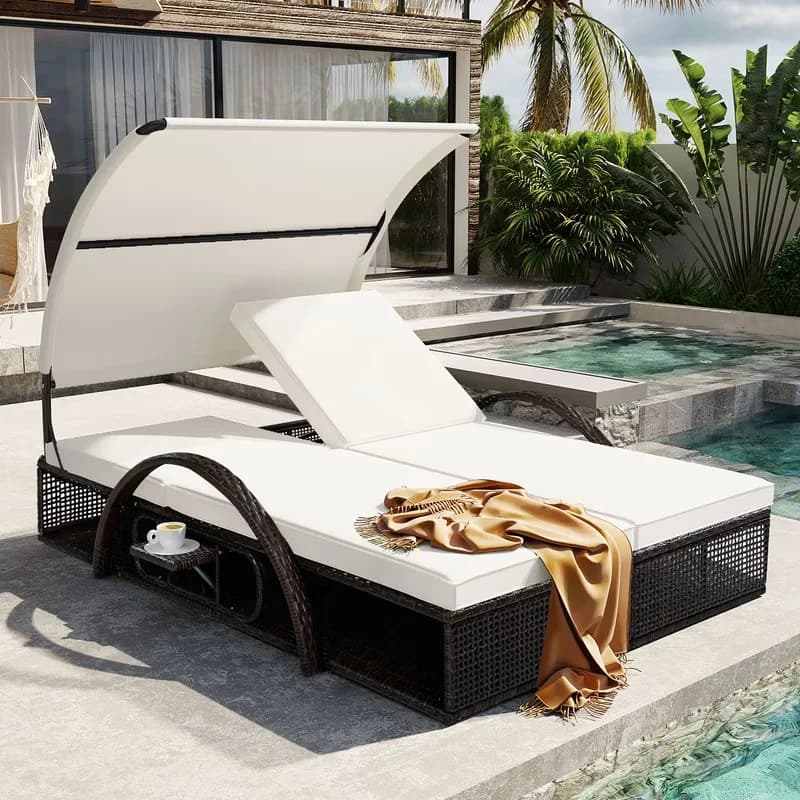 Efficient Patio Chair with Canopy, Arched Armrests, Steel Frame Sun Lounger - Beige Steel+Hdpe+Polyester+Foam Model BD7CED