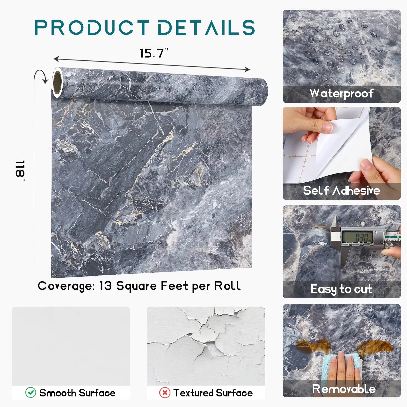 Wallpaper Premium with Removable, 【Material】 : High quality vinyl - Vinyl Blue for Kitchen, Bathroom Model 5949EE