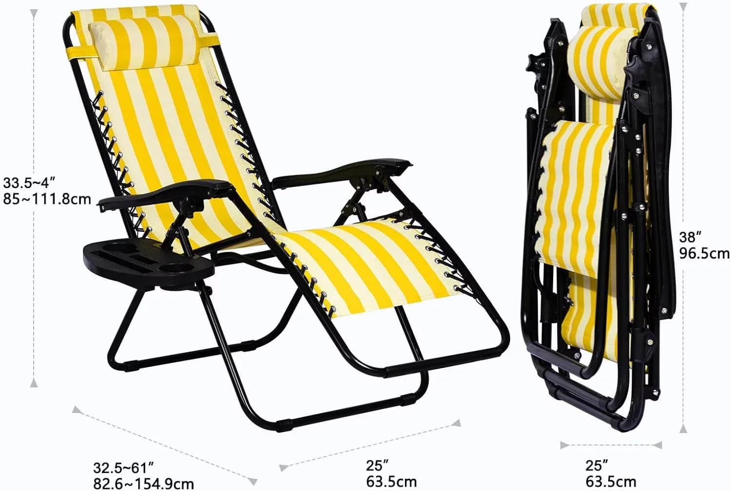 Classic Beach Chair with Folding, Pillow and Cup Holder (Yellow Stripe) - Yellow Stripe Model A83113