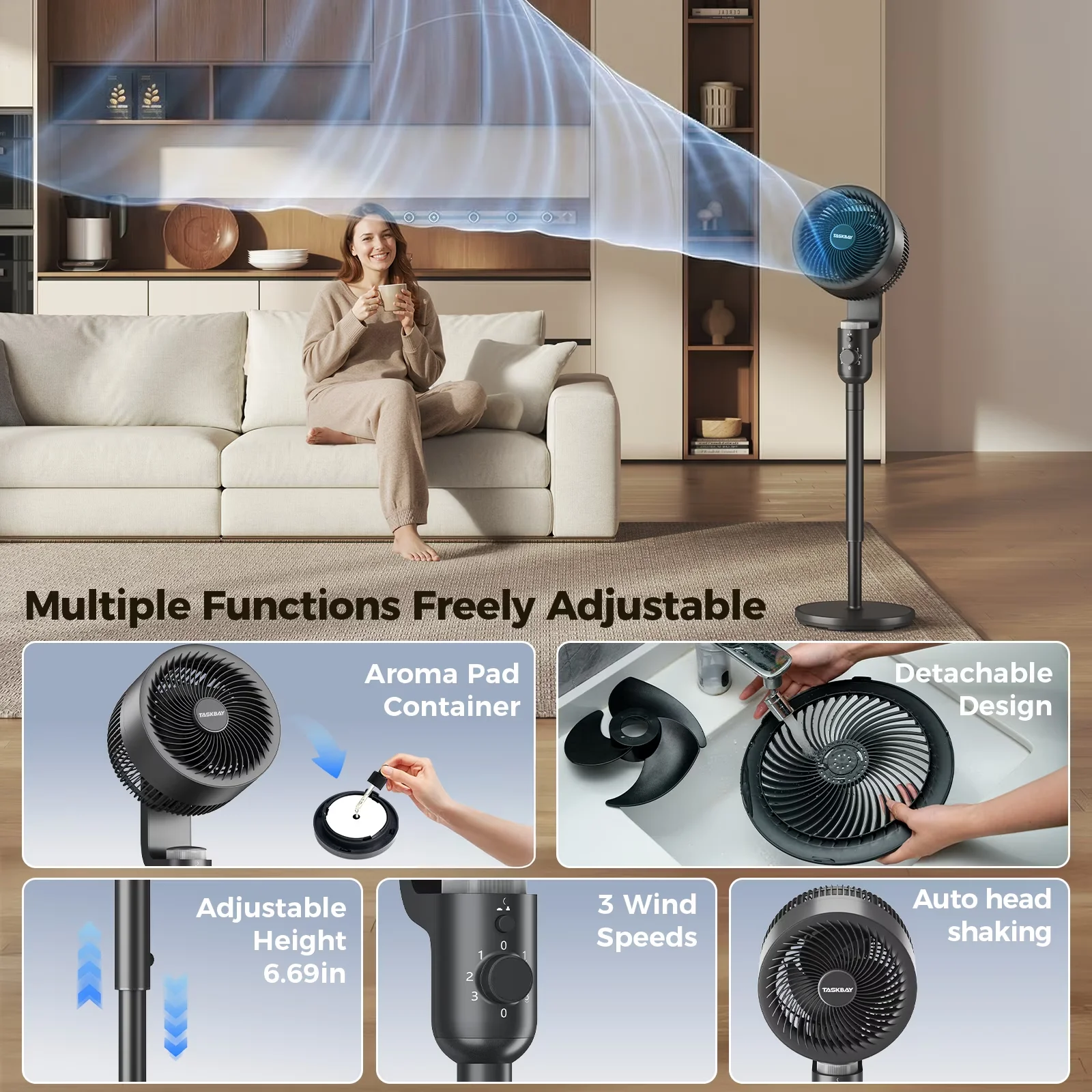 Durable Fans In Cooling with Adjustable Height, Fan - Pp Plastic Black for Home Office, Bedroom Model EDE9B1