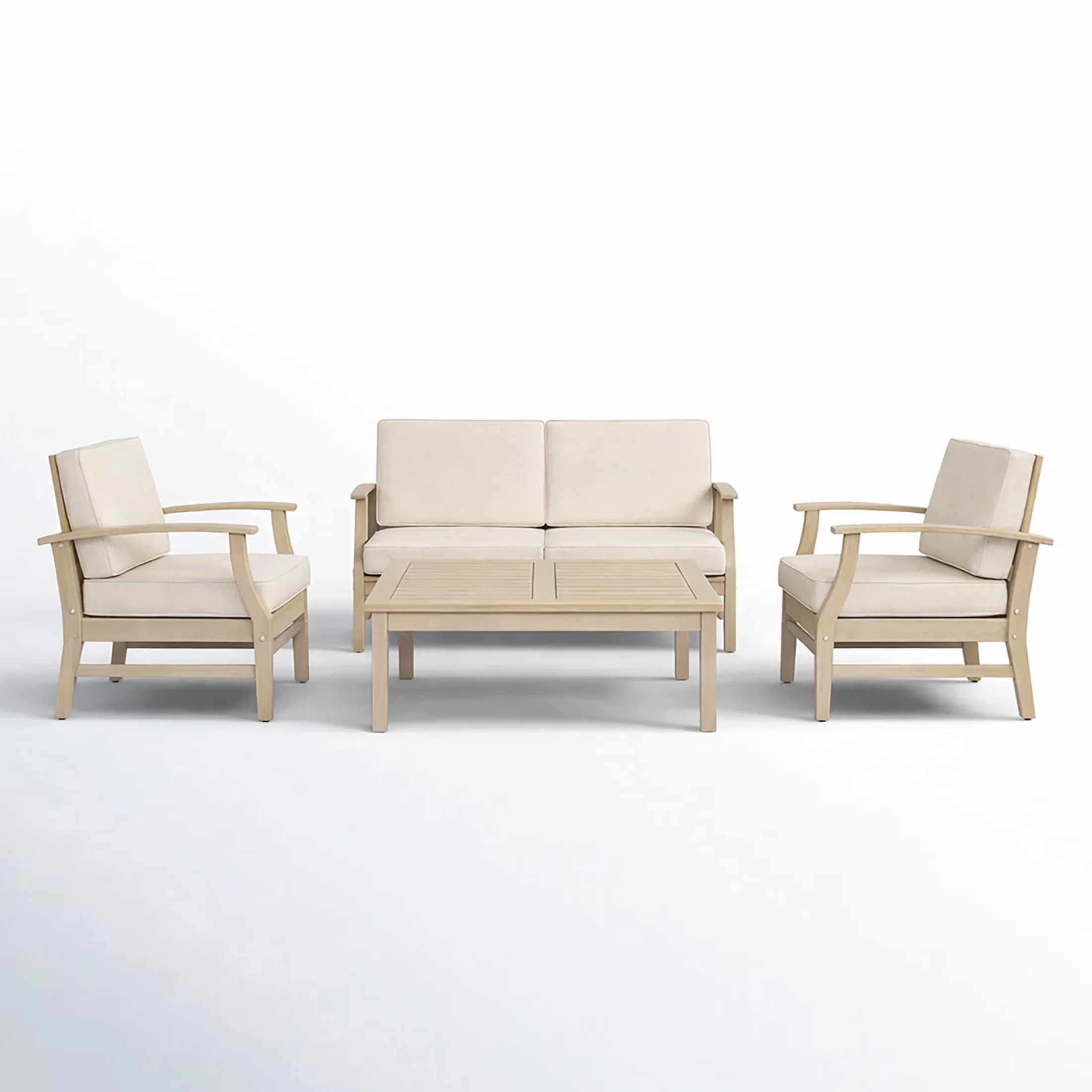 Sleek Patio Conversation Set with 4-Seater Outdoor Wood, Light White Finish, Table - Acacia Wood + Water Repellent Cushion White Model CB3AE0