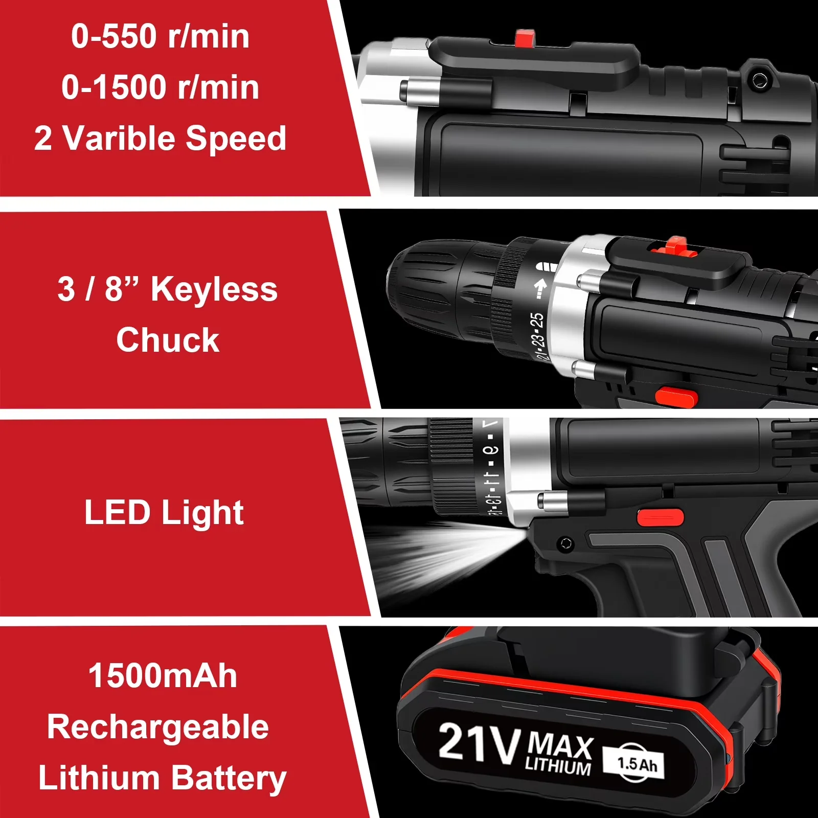 Reliable Drills Driver with Battery, LED, 21V Cordless Drill Set - Ergonomic Design Model 48EABB