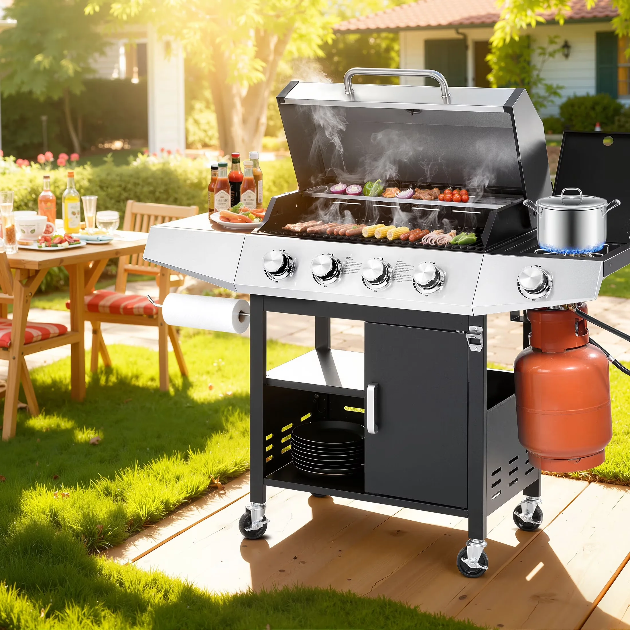 Gas Grill Modern with 50000 BTU, Warming Rack, 4 Burner BBQ Propane - Stainless Steel, Iron Model 881AEE
