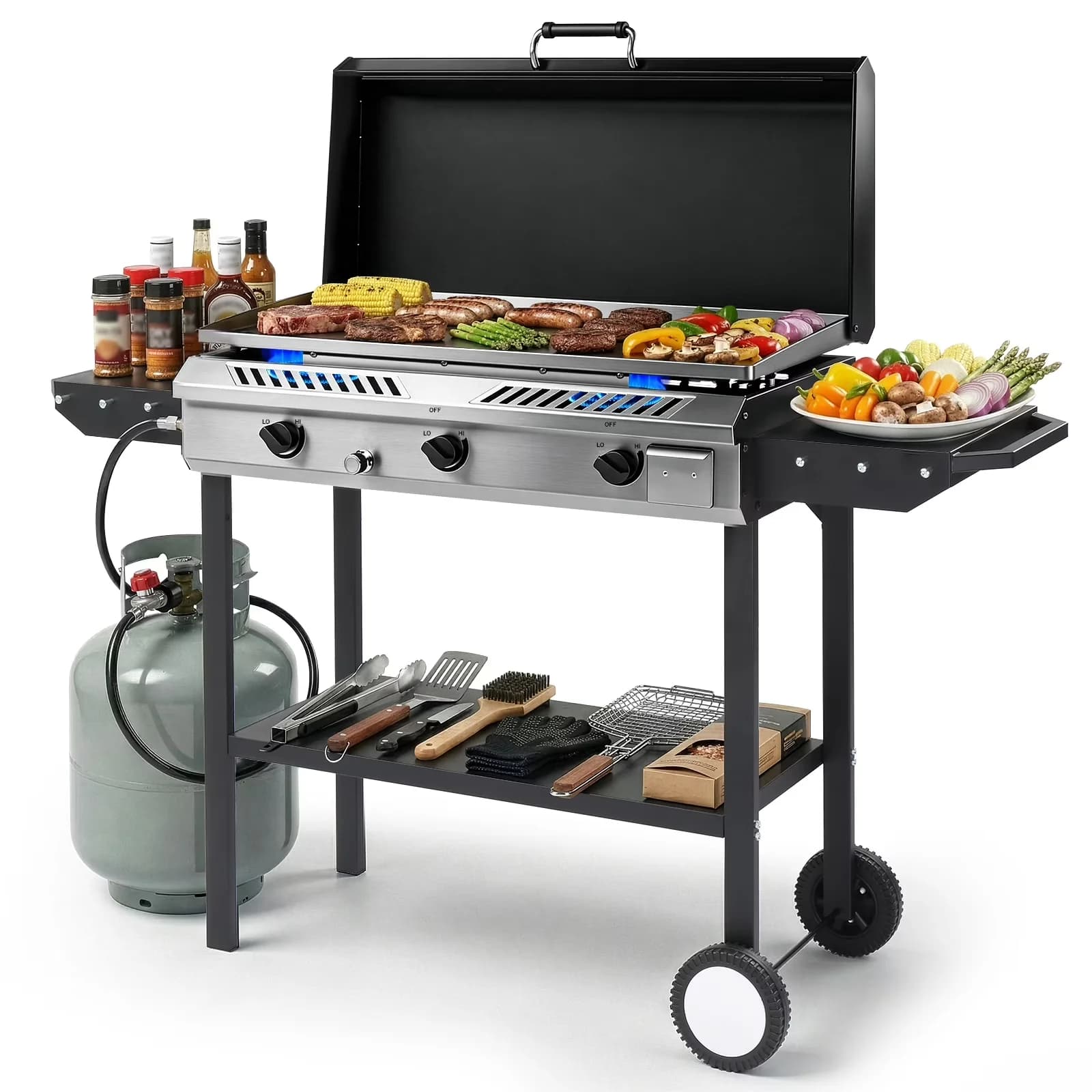 Versatile Gas Grill with 225000 BTU, Heat Thermometer - Cast Iron Black Model 4A2527
