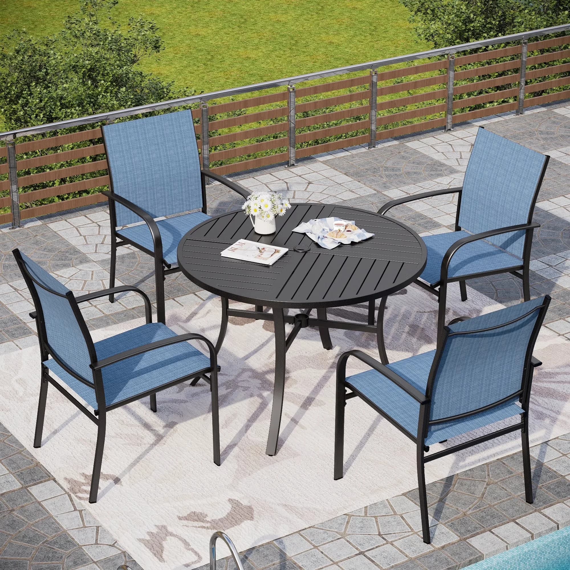 Patio Dining Set Compact with Modern - Steel & Textilene Blue William - Commercial Quality Model CE1DB4