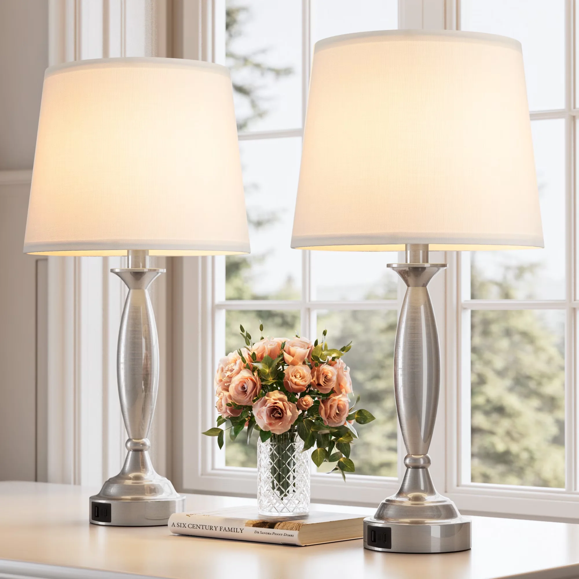 Essential Lamp Set with LED, Modern, Touch Sensor - Metal White, Silver for Bedroom, Dorm Model 98A09C