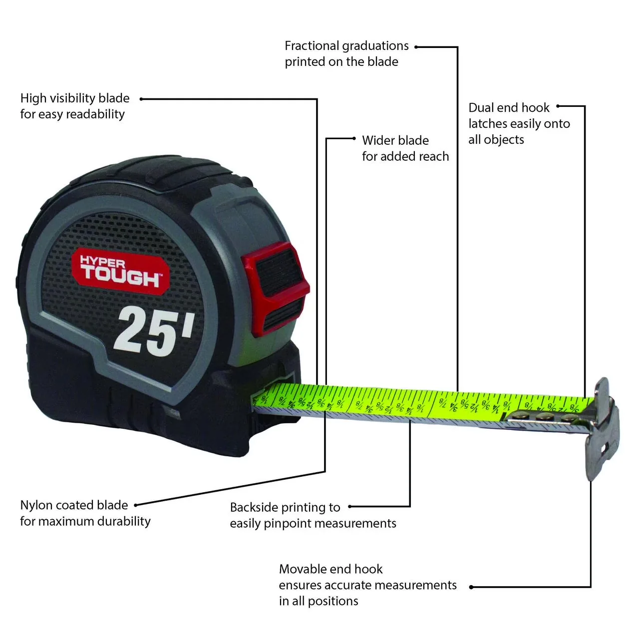 Professional Measuring Layout with 25ft. Wide Blade Steel Tape Measure, Printed fractional graduations - Steel Gray Model 141EEB