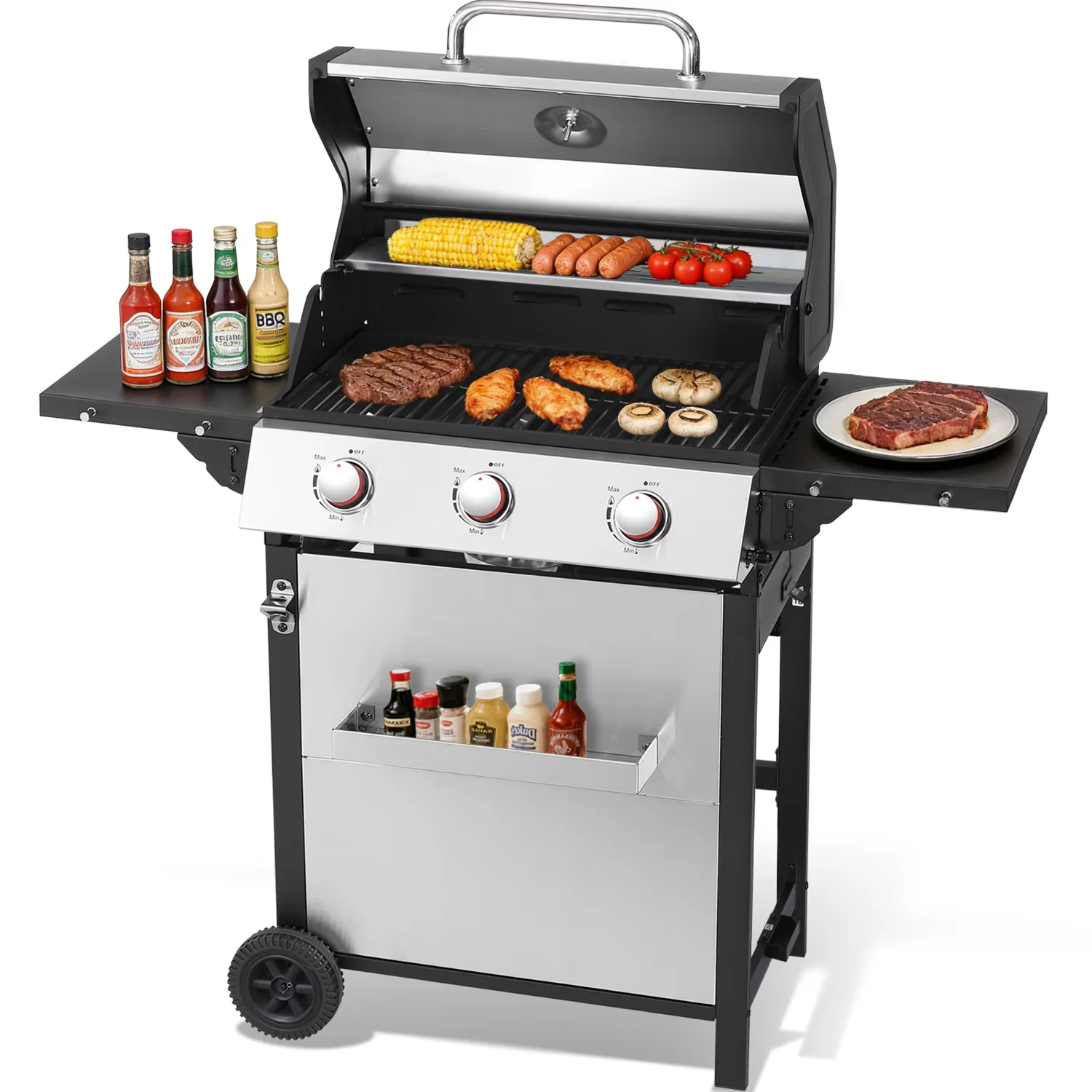 Efficient Gas Grill with 30000 BTU, Grease Pan, Heat Thermometer - Metal, Stainless Steel Silver Model 562229