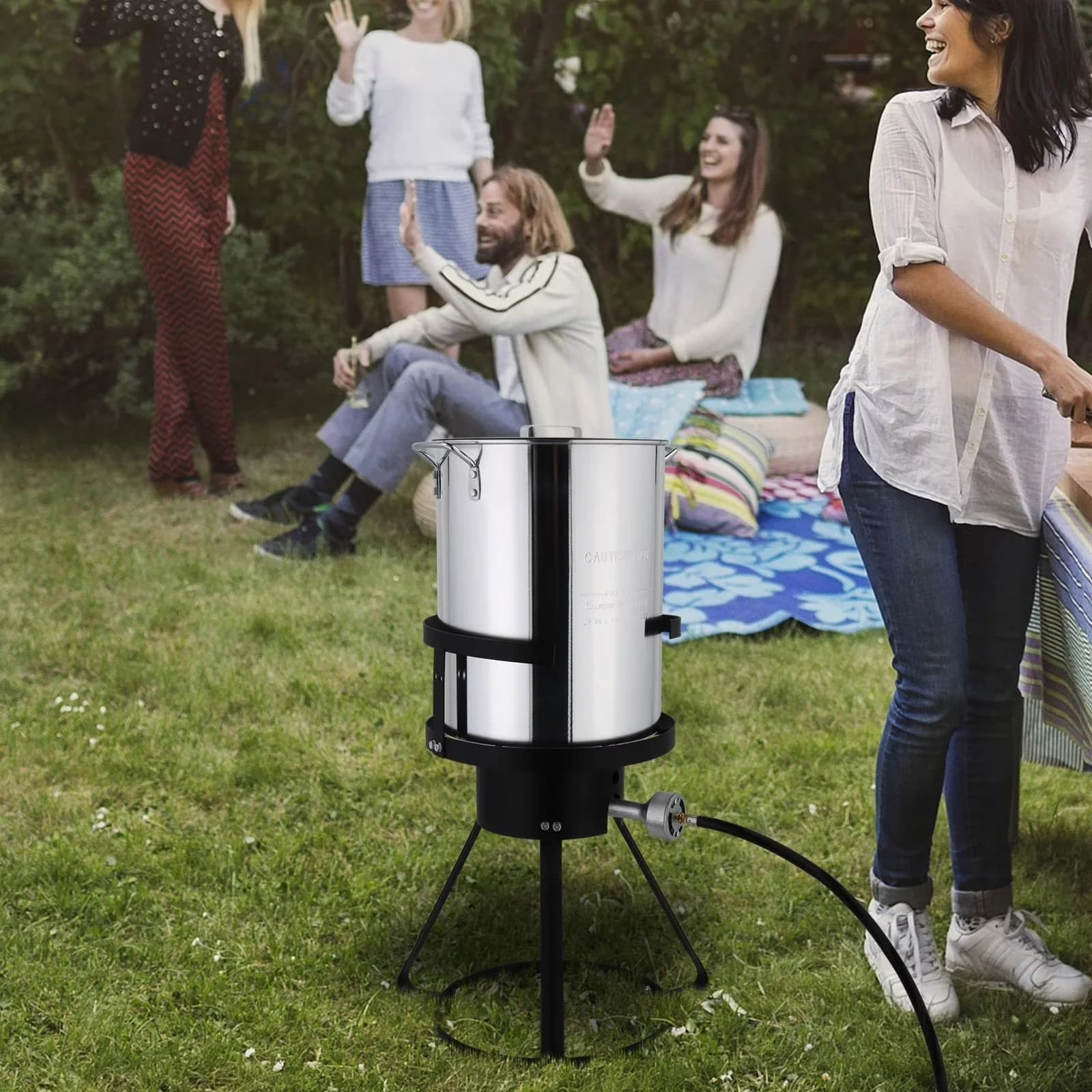 Outdoor Fryer Stylish with Black Round Iron Stand Gas Deep Kit, View detailed description - Aluminum Black, Silver, Multicolor Model 8708CA