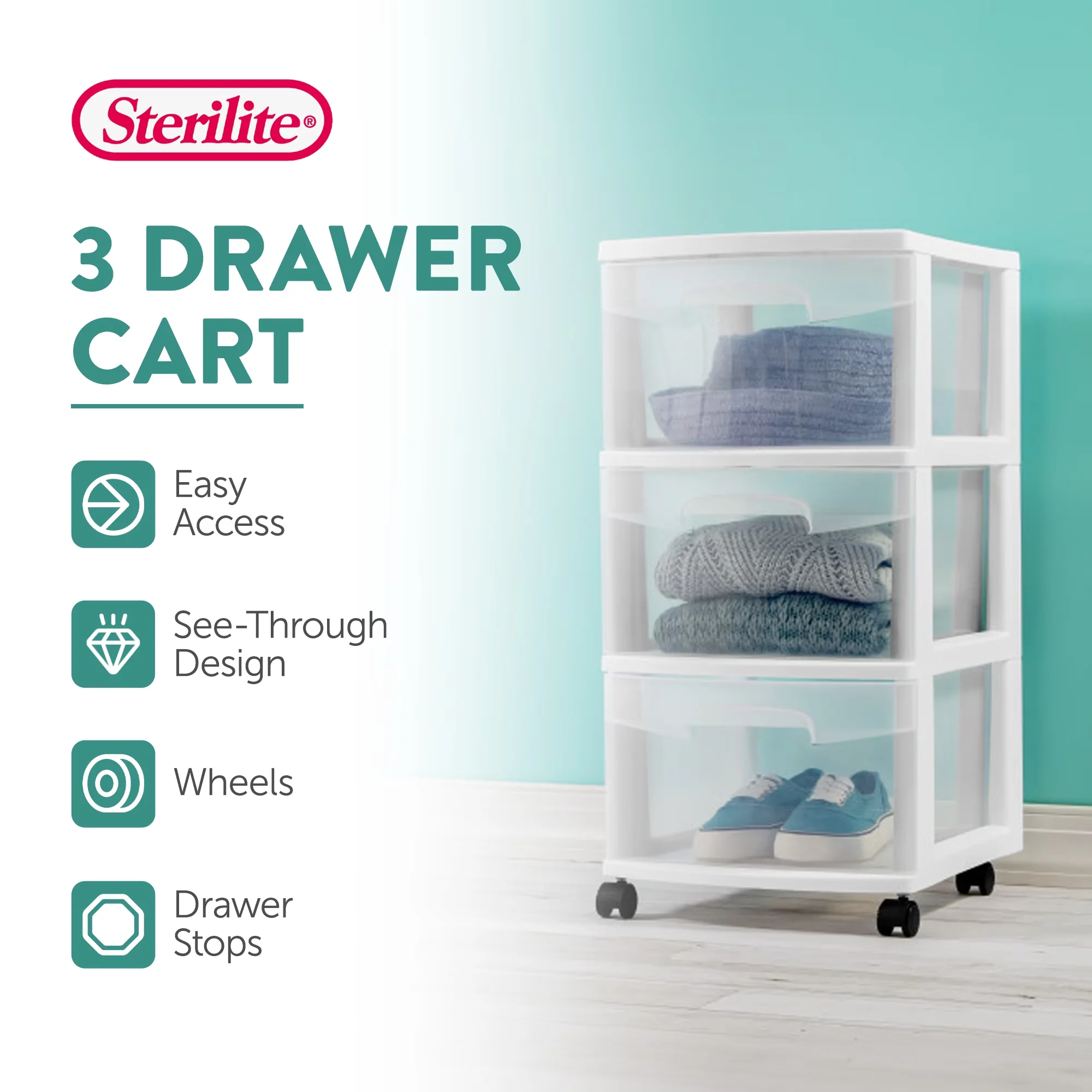 Garage Storage Supply Reliable with Modern, Wheeled, 3 Drawer Plastic Cart - White Plastic Model 54131D