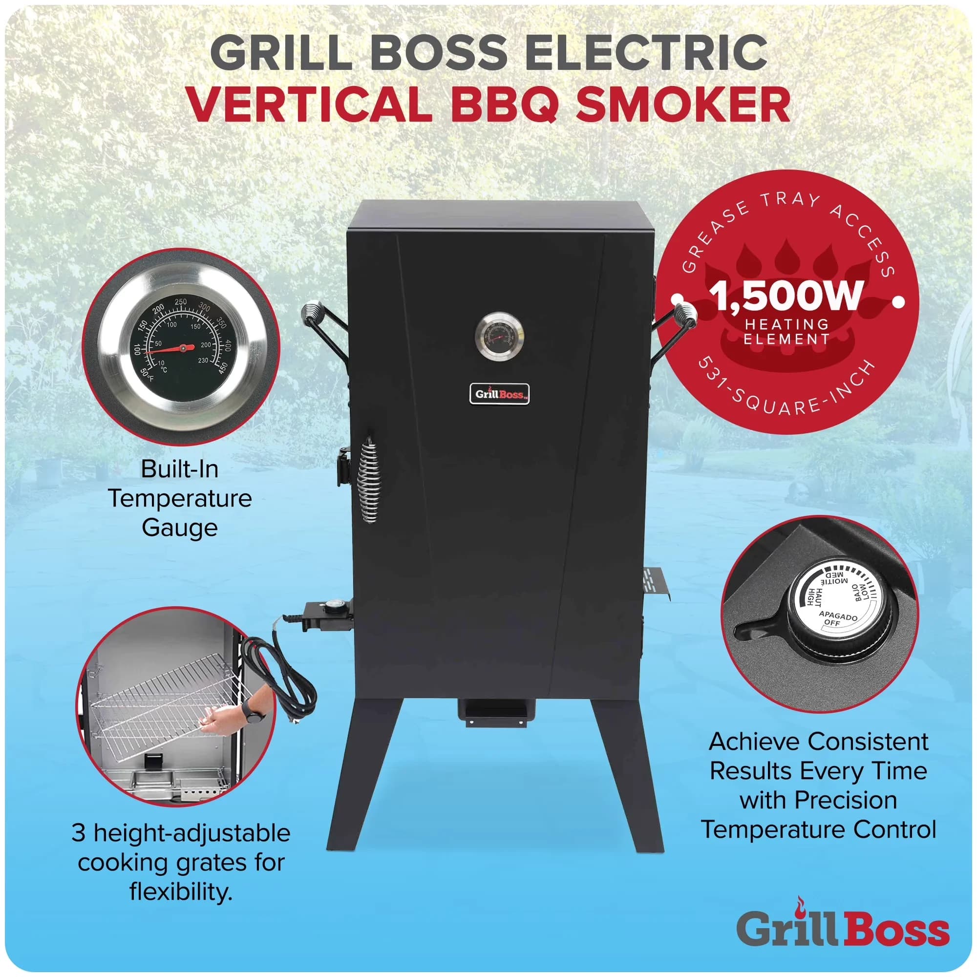 Efficient Smoker with Portable, 531 Sq In Cooking Area - Stainless Steel Black Model 103A8F