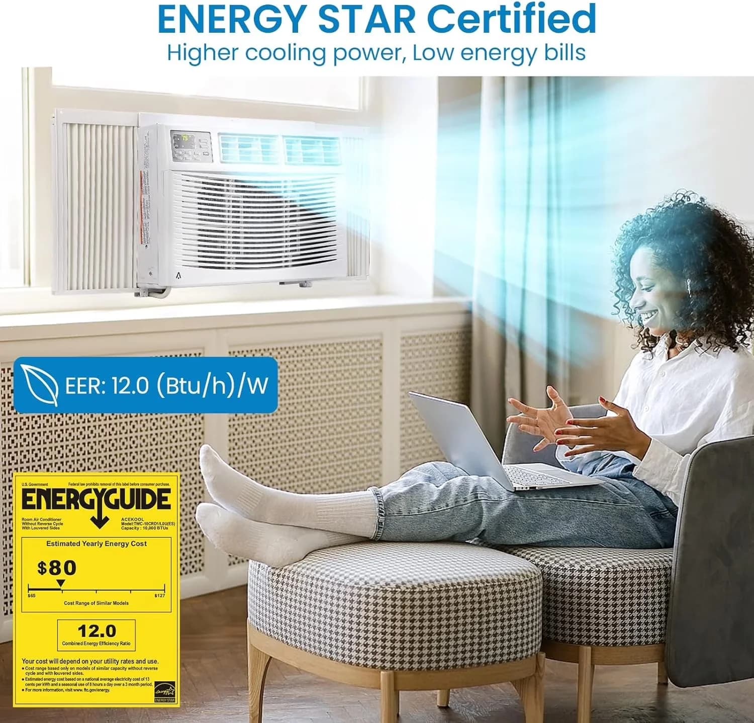 Stylish Air Conditioner with Timer, Wi-Fi Capable, Sleep Mode - BTUs - Modern Design Model A5BCF6