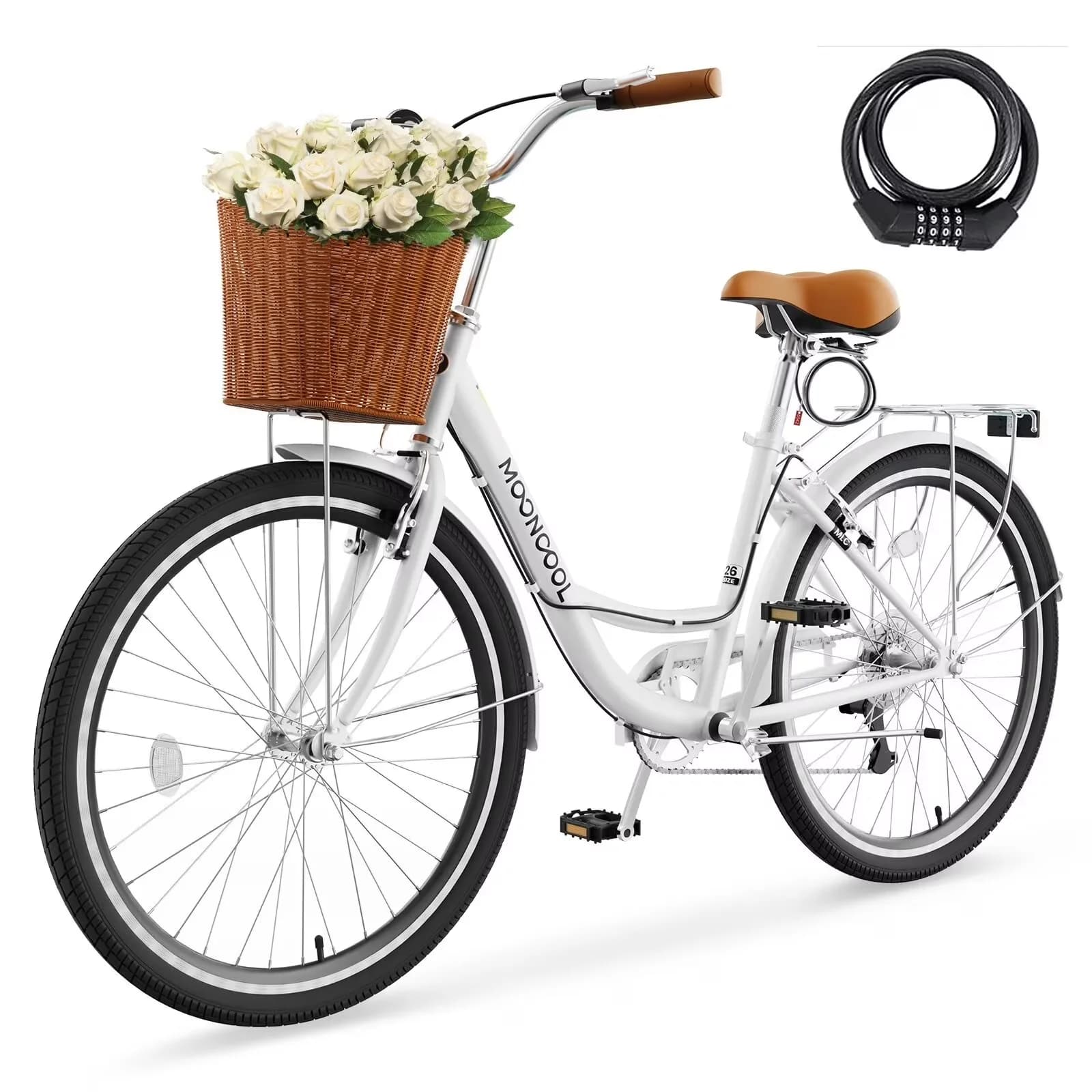 Cruiser Bike Compact with Adjustable Seat, 24 26 inch 7 Speed Bicycle - White Model 4D806F