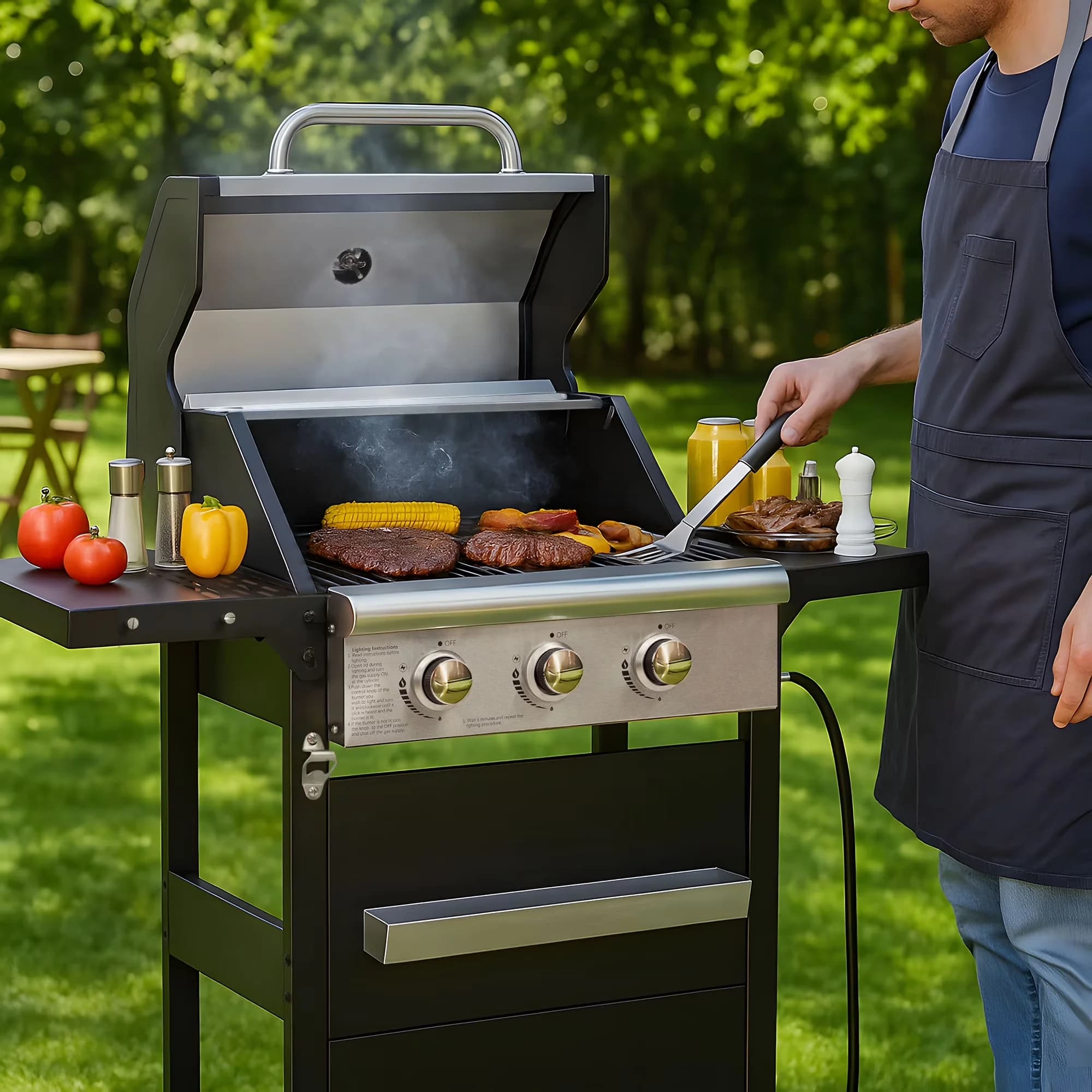 Durable Gas Grill with 27000 BTU, Portable, Heat Thermometer - Stainless Steel Black Model 88A8D7