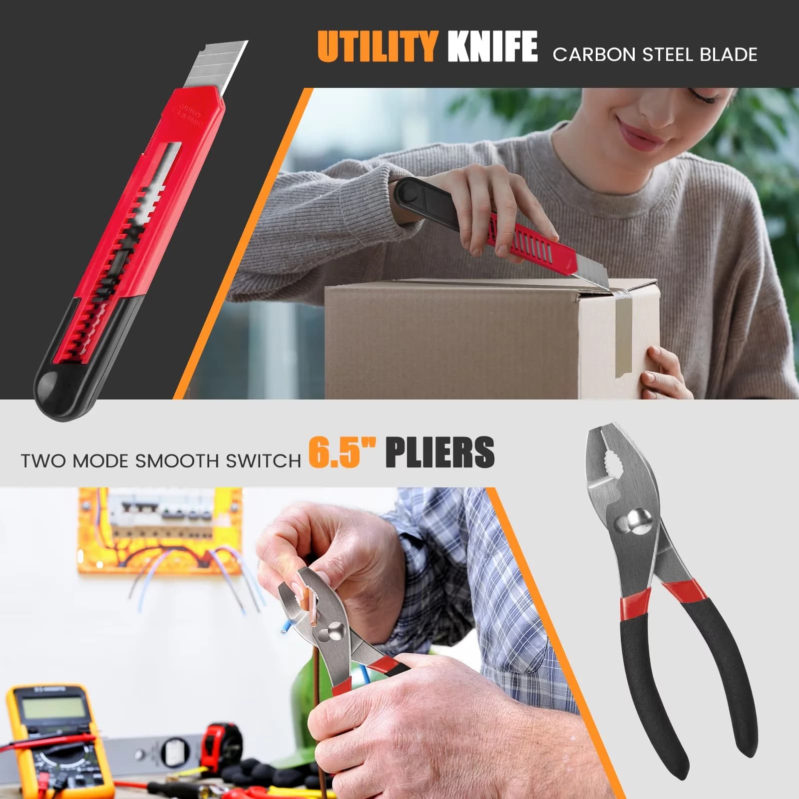 Essential Hand Tool Set with 39 Piece Sets All Purpose Household Kit, Toolbox Great - Red Model AB6D6C