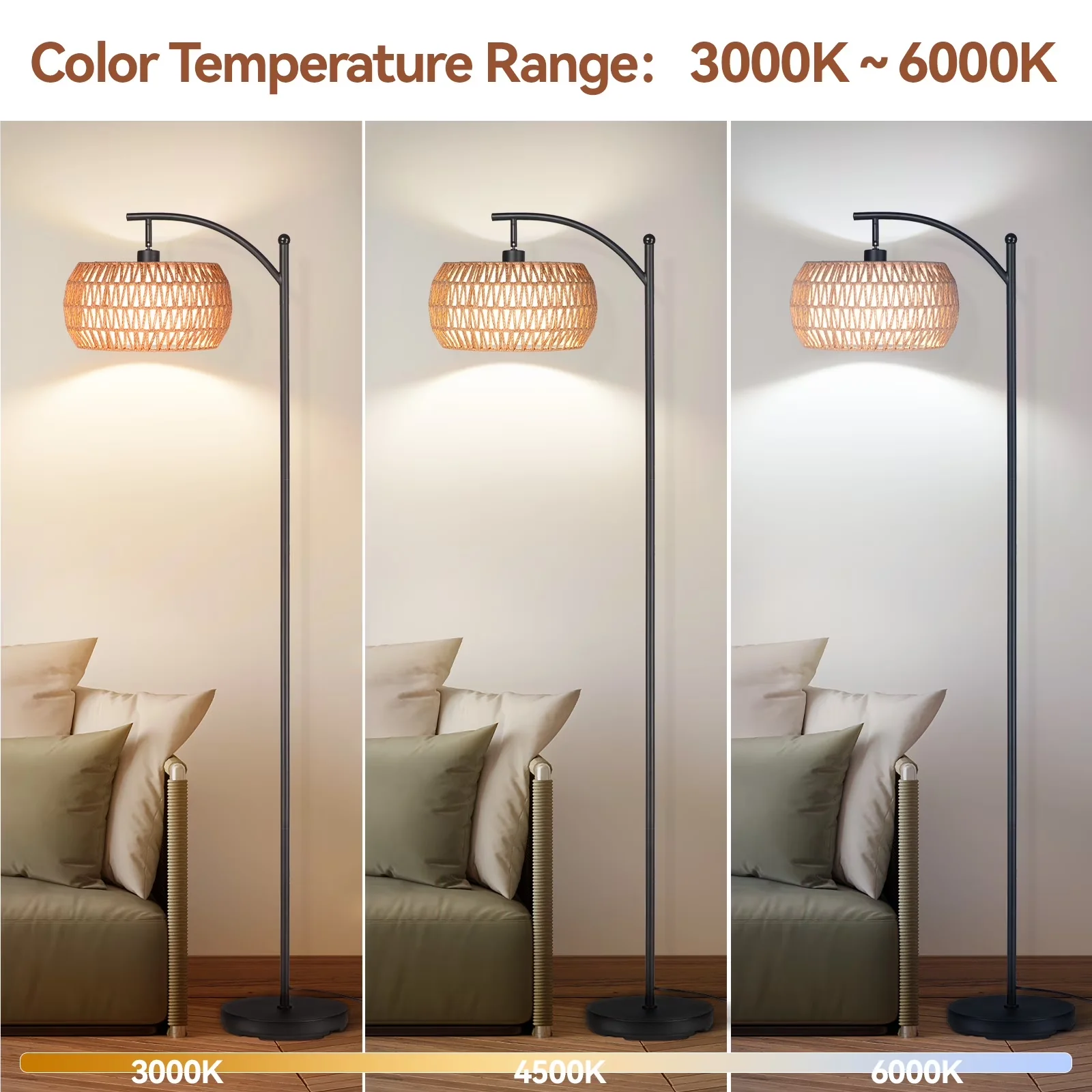 Stylish Floor Lamp with LED, Dimmable - Black Rattan for Living Room, Bedroom Model 1E6F32