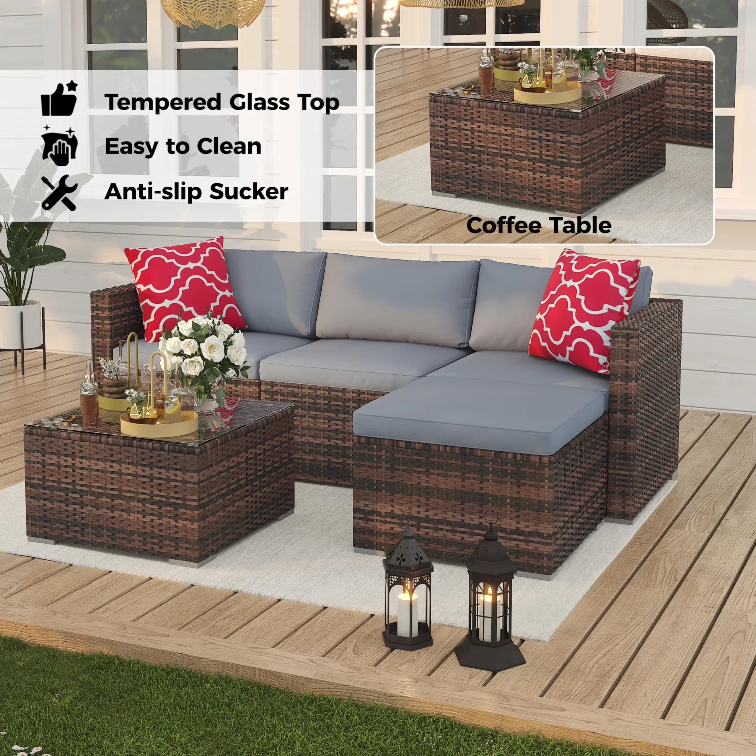Stylish Outdoor Sofas Sectional with Waterproof Cushions, Tempered Glass Table - Pe Rattan, Polyester, Glass, Metal, Steel Brown... Model 9CF9D2