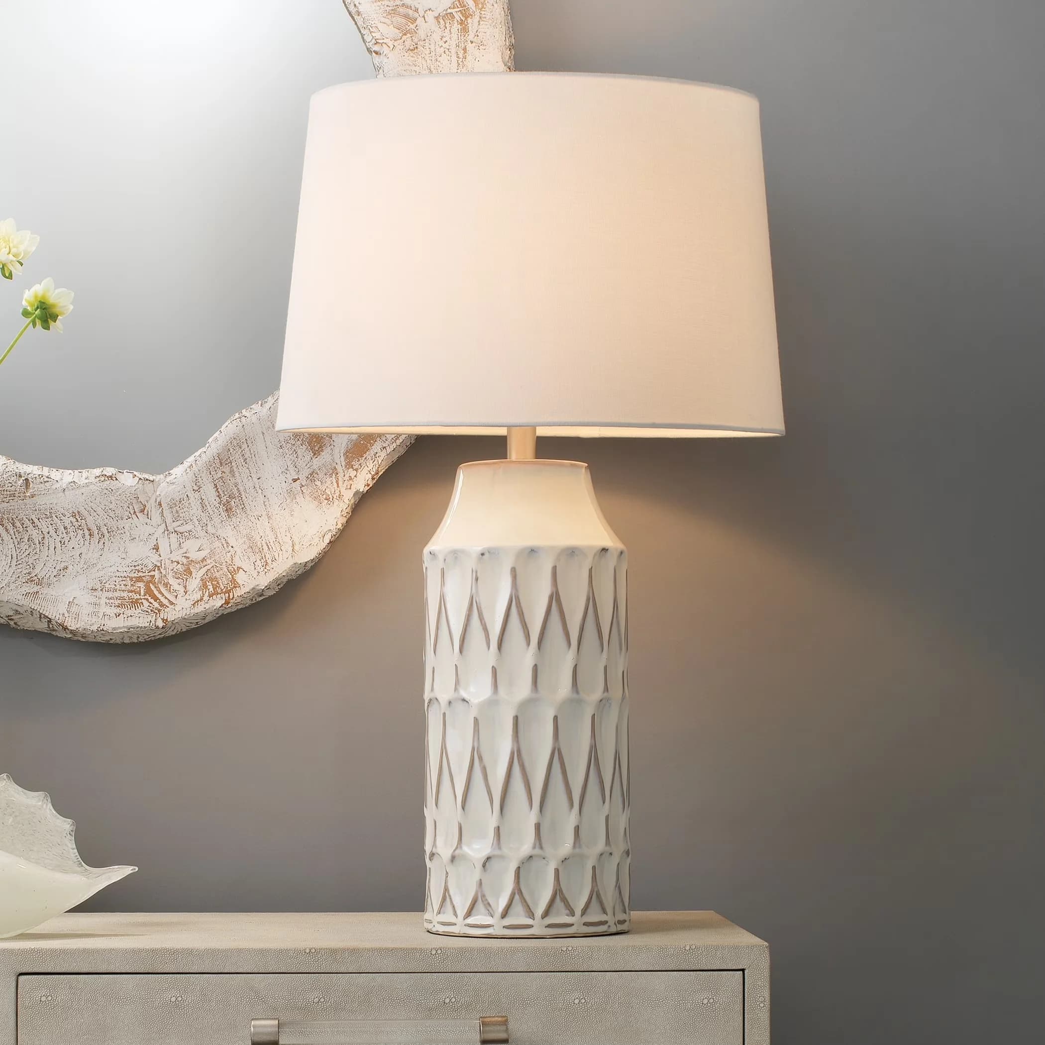 Durable Table Lamp with Incandescent, Accent Lamps, Cord length: 8 ft. clear cord - White Ceramic Model DF65EC