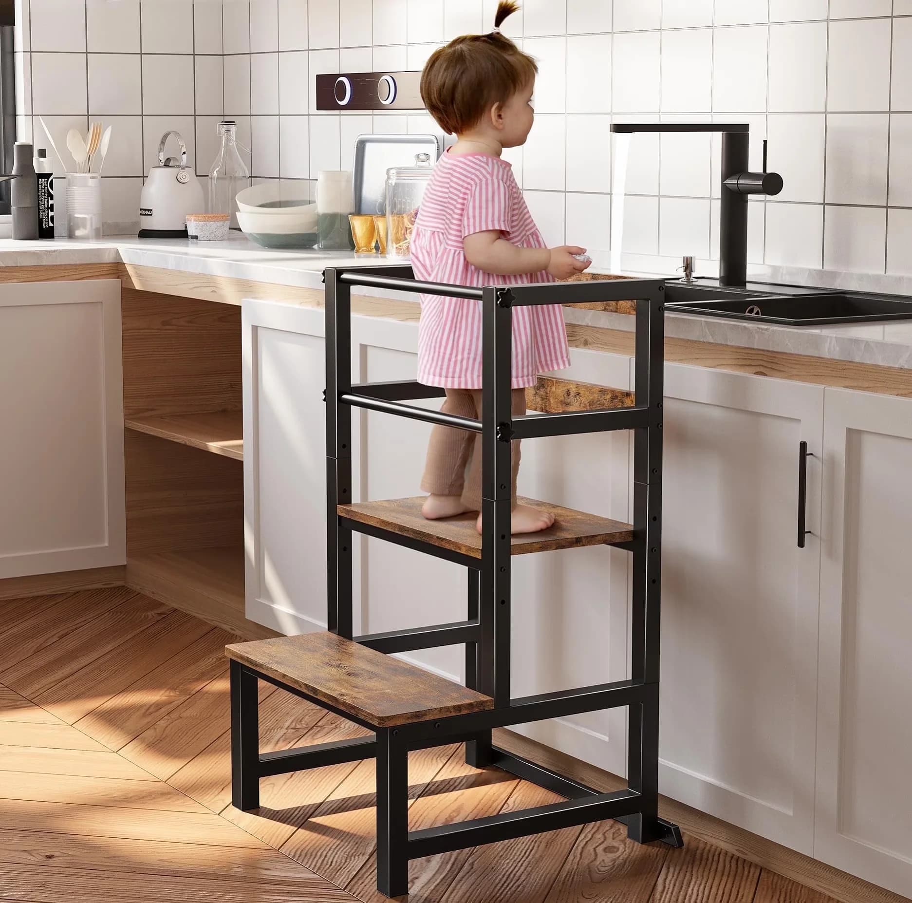 Durable Ladders And Step Stool with Adjustable Height, Toddler Kitchen, Safety Rail - Engineered Wood for Kitchen Model 250B09