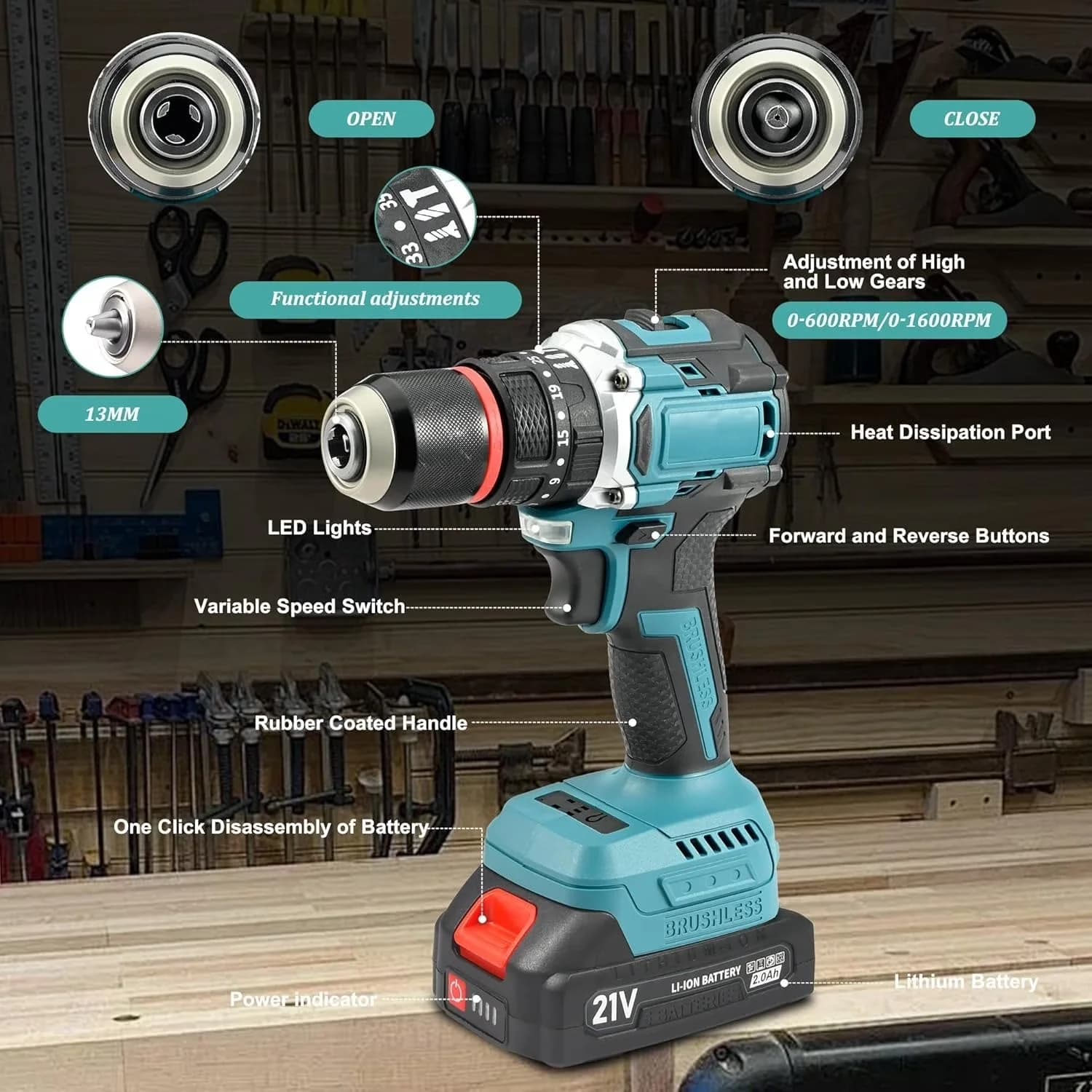 Compact Drills Driver with Battery, 21V, Adjustable - Blue 13 mm - Modern Design Model 979A39