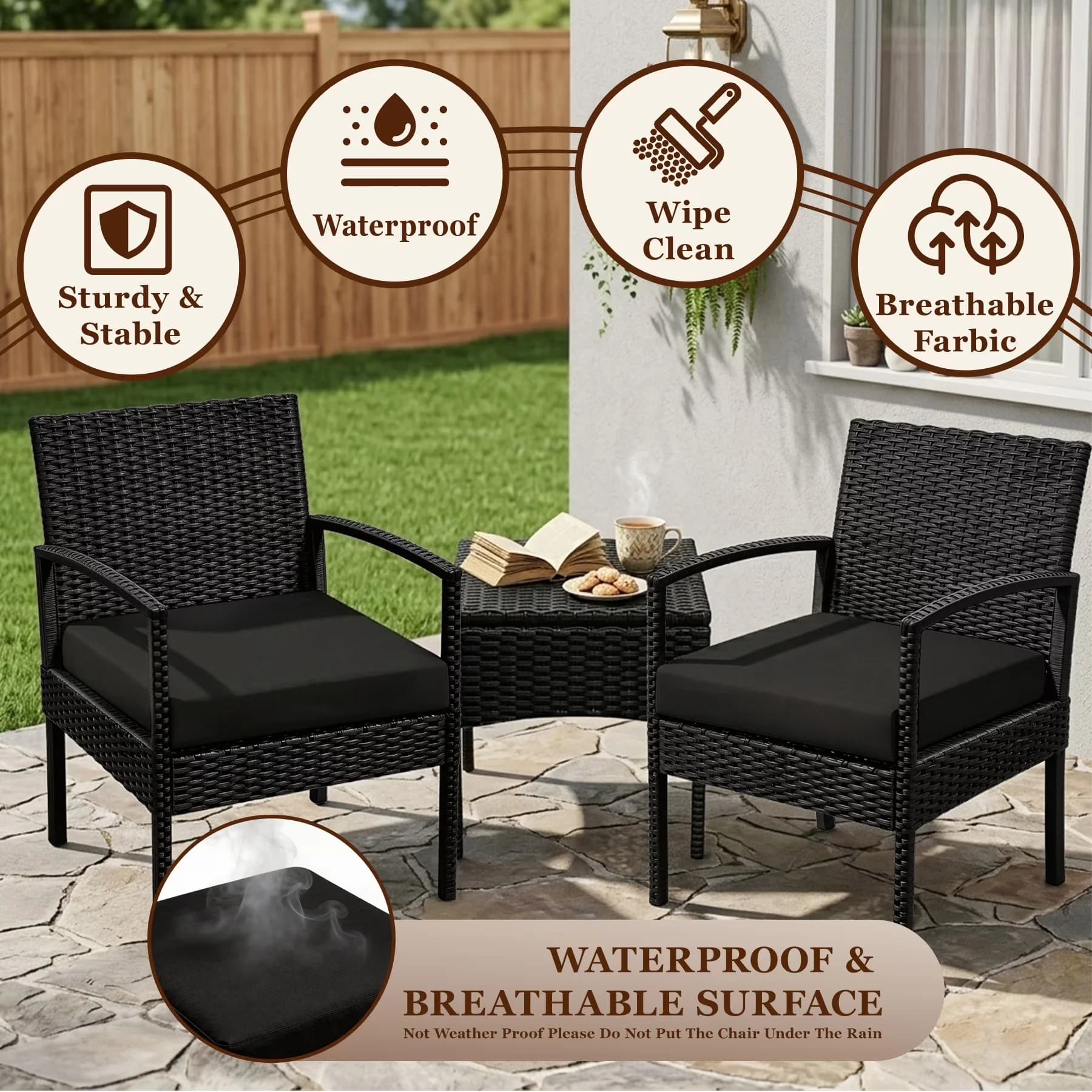 Efficient Patio Conversation Set with Waterproof, Removable Cushion Cover, Uv Resistant - Polyester, Sponge, Pe Rattan, Steel Black Model 6B2BA8