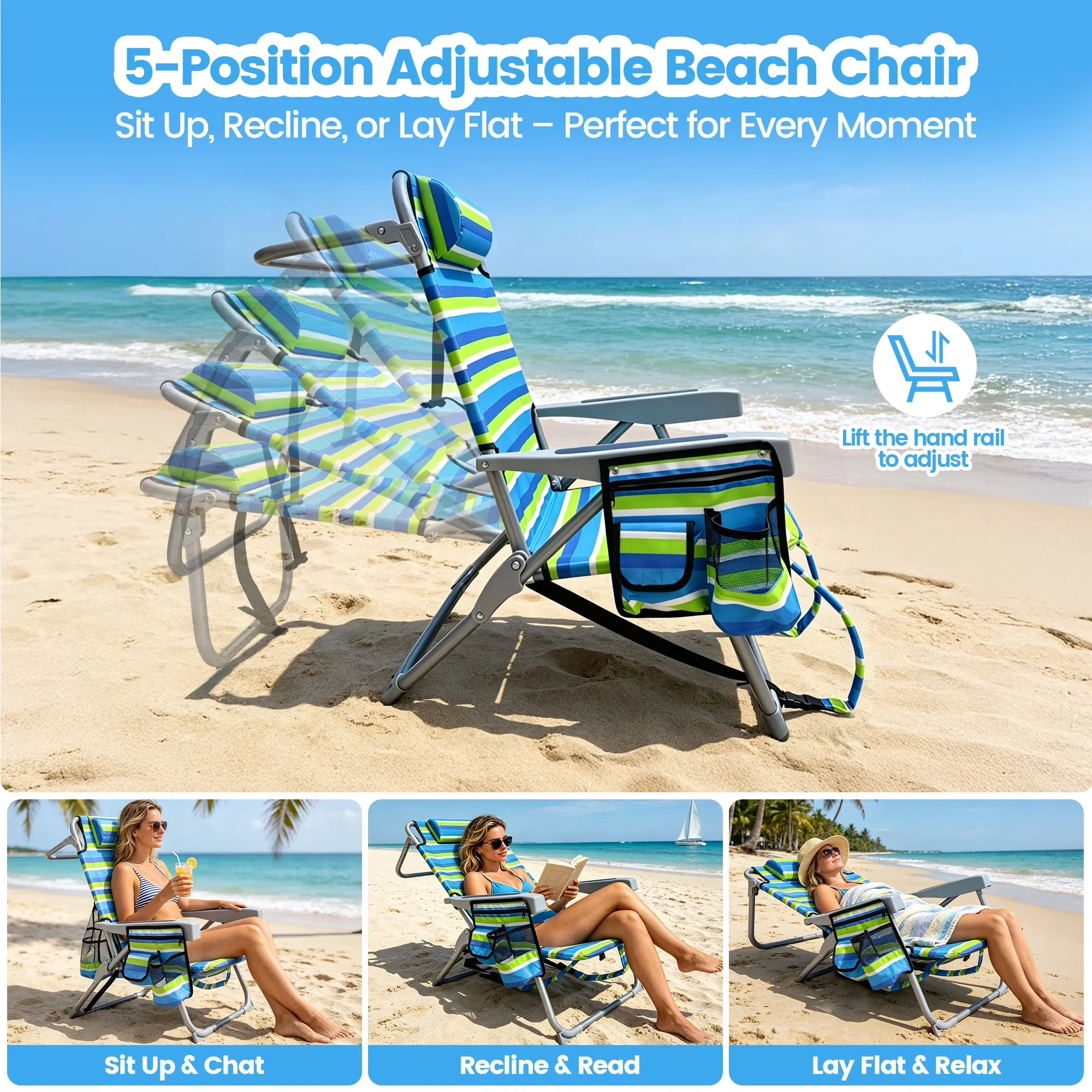Durable Beach Chair with Rust Resistant, Water-Resistant, Backpack Set of 2 - Green Model 11F295
