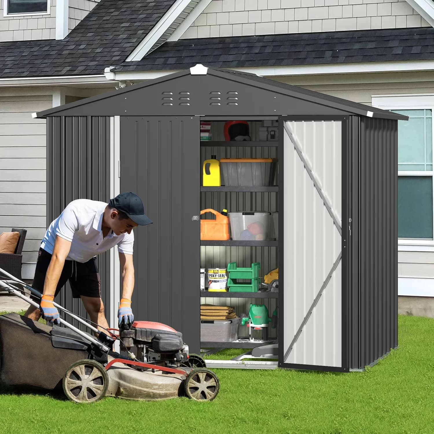 Efficient Shed with Waterproof, 8' x 6' Outdoor Storage - Gray-8X6Ft Metal for Patio, Garden Model C46BE8